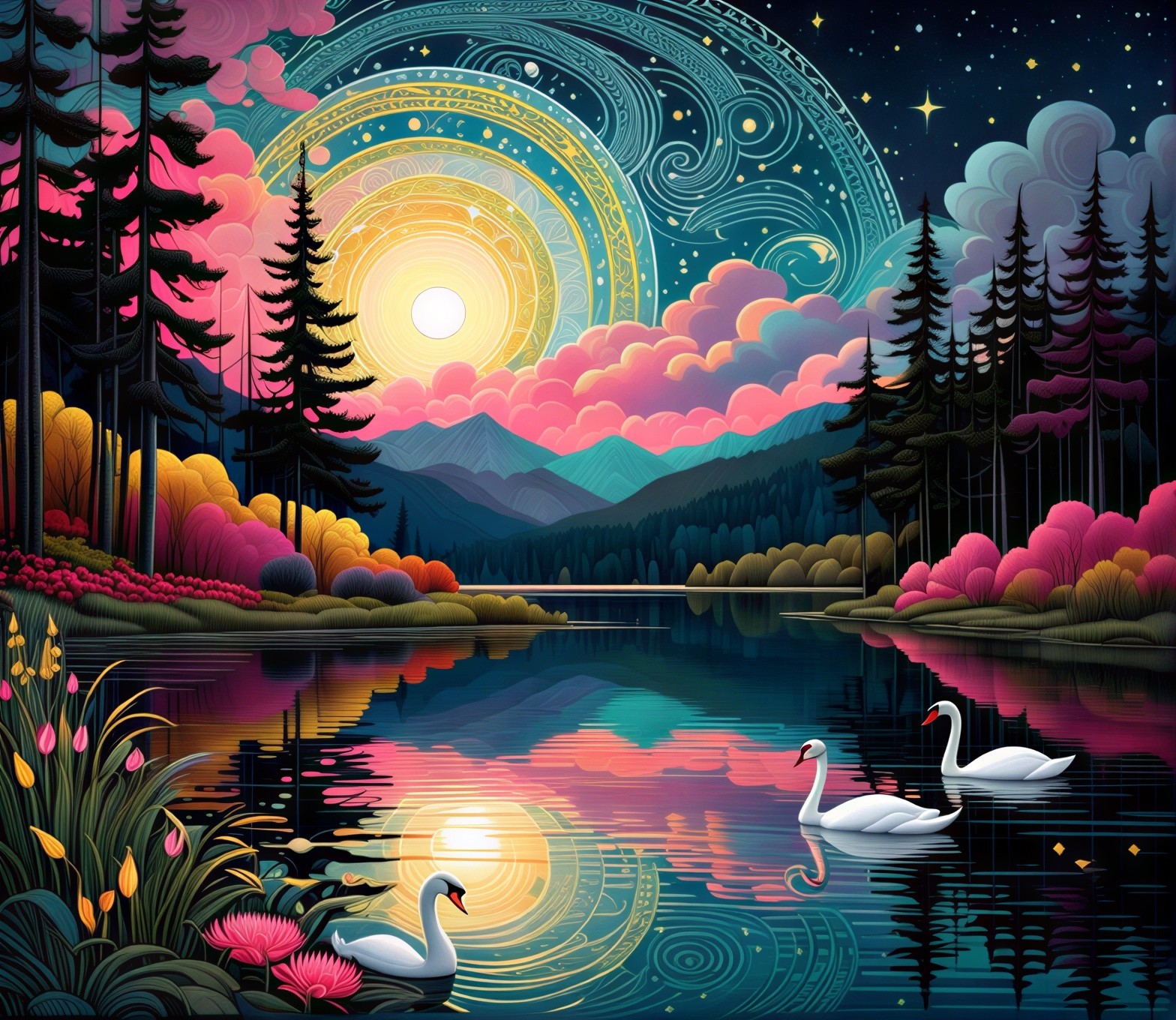 Tranquil Lake with Swans and Vibrant Autumn Trees