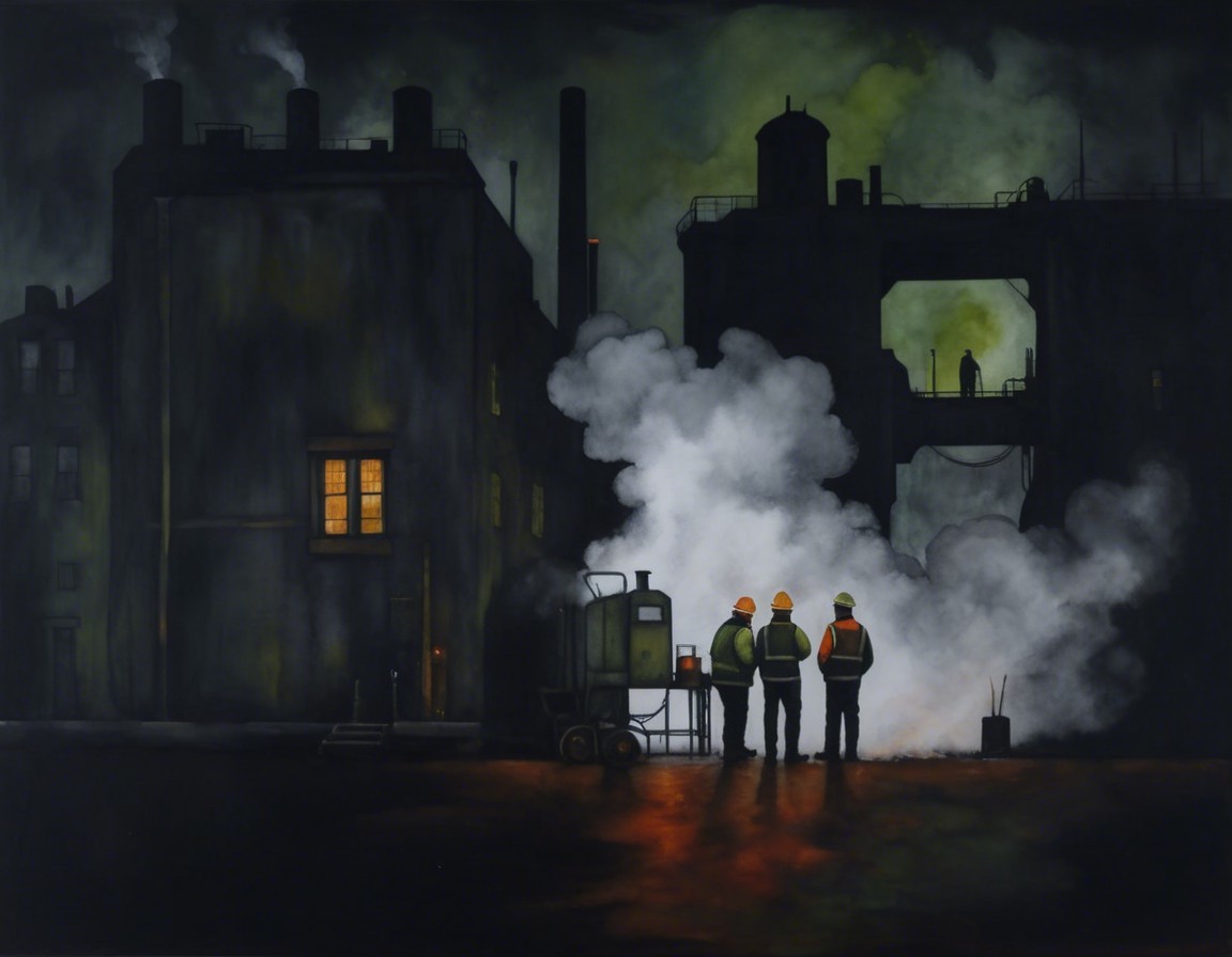 Urban Workers in Hard Hats Amidst Industrial Scene
