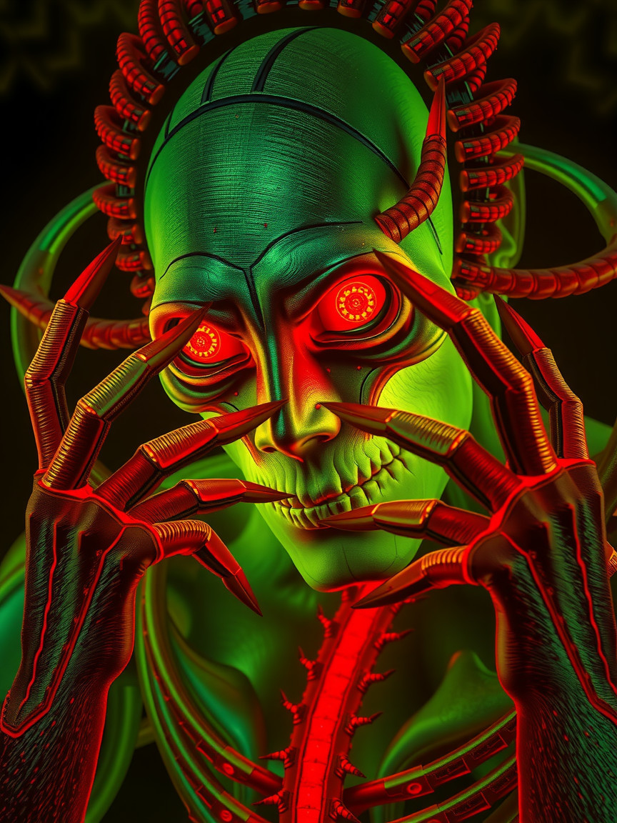 Futuristic character with green skin and red eyes
