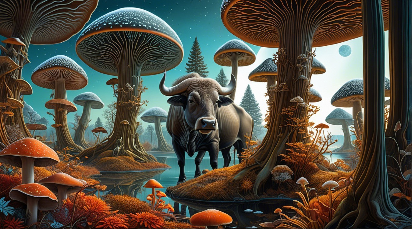 Majestic Bull in Surreal Landscape with Colorful Mushrooms