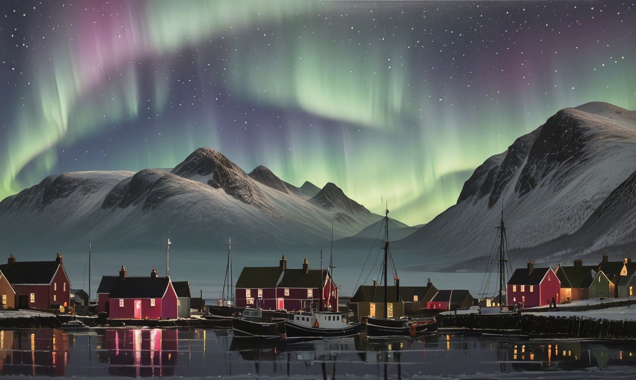 Tranquil Coastal Village with Aurora Borealis at Night