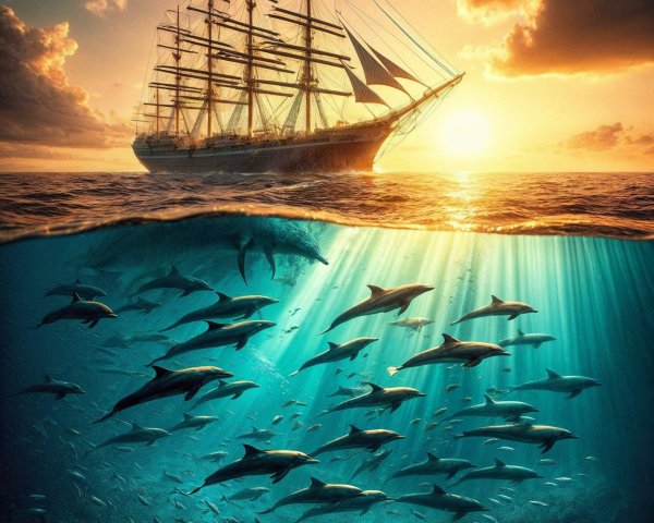 Majestic Tall Ship and Dolphins at Sunset Scene