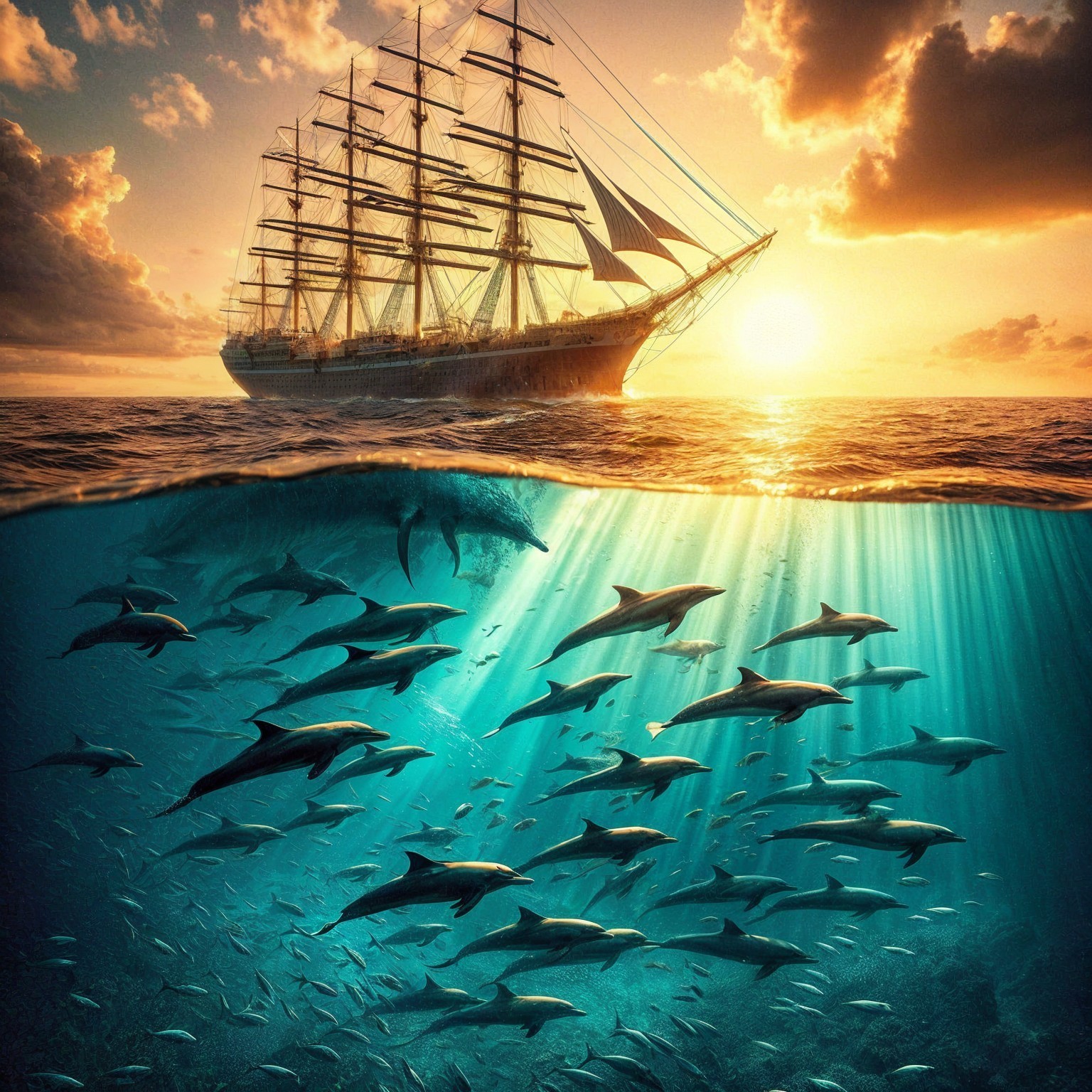 Majestic Tall Ship and Dolphins at Sunset Scene