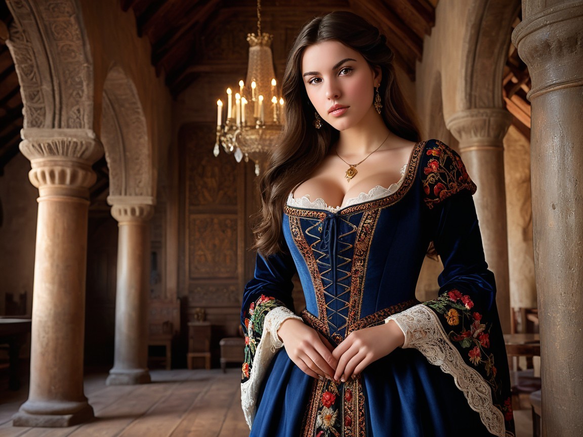 Young Woman in Elegant Medieval Interior with Velvet Dress