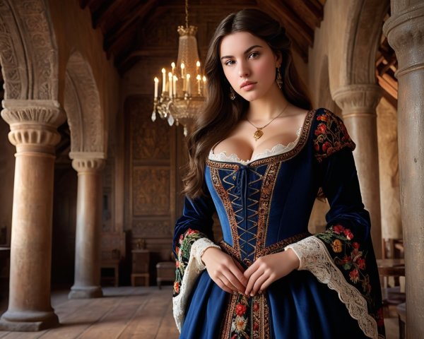 Young Woman in Elegant Medieval Interior with Velvet Dress