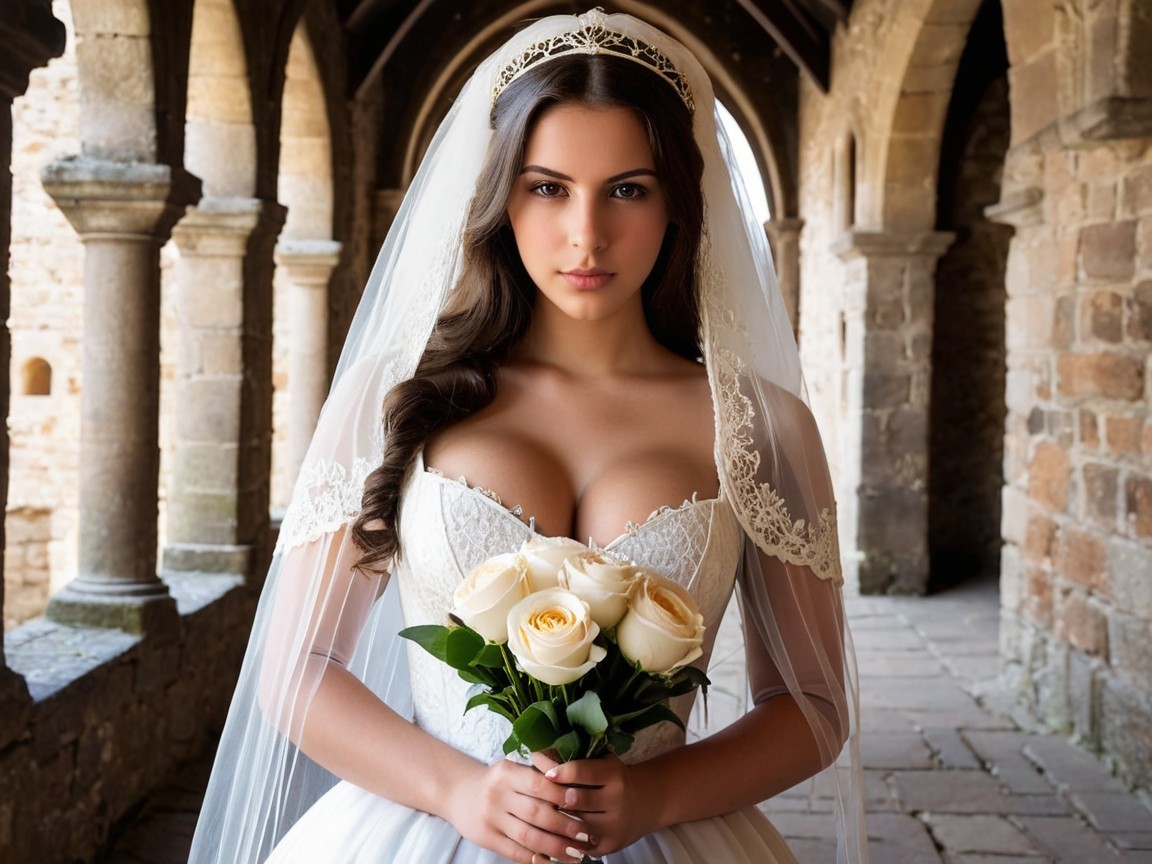 Elegant Bride in Historic Setting with Lace Gown