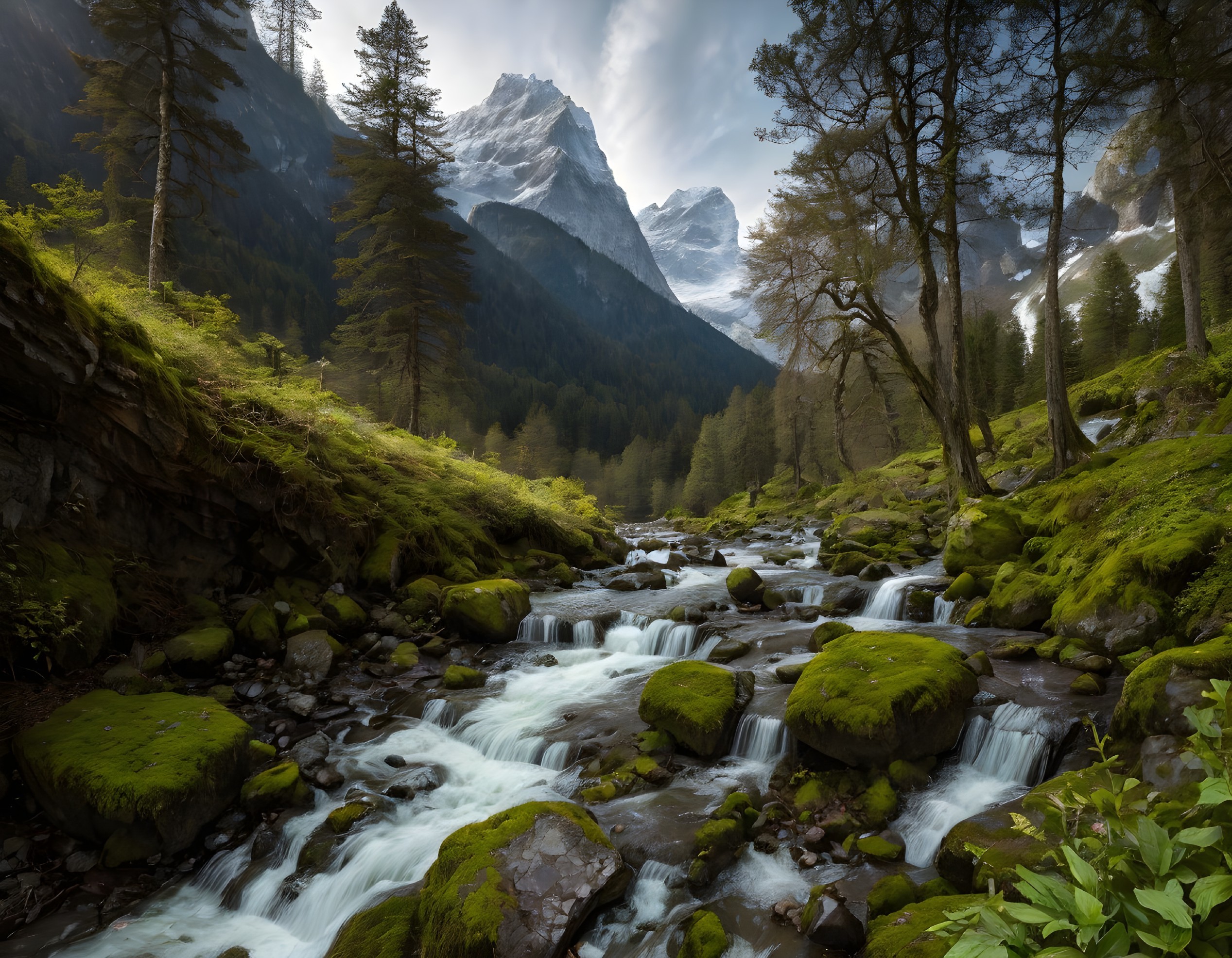 Mountain stream in lush forest with snow-capped peaks