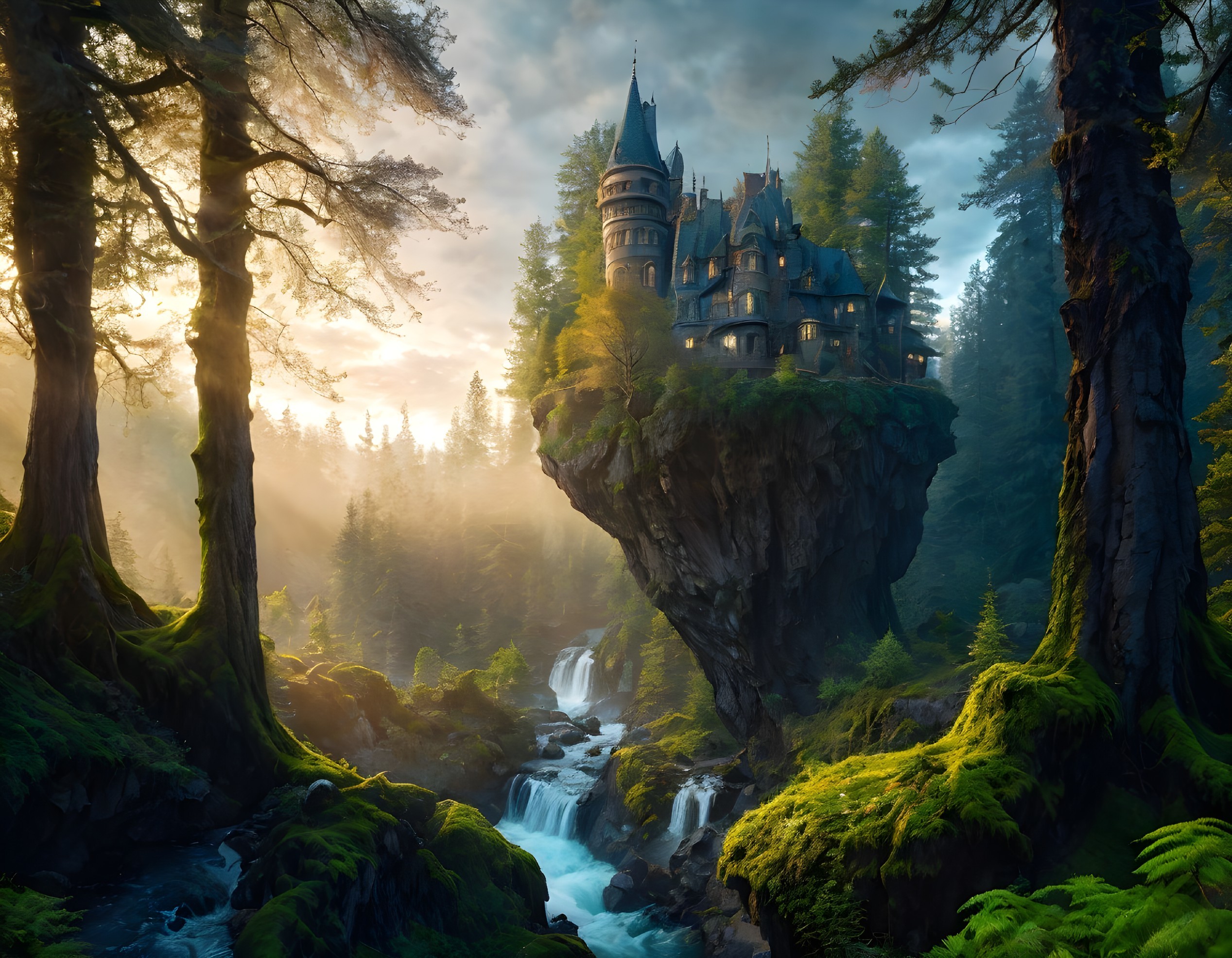 Majestic castle surrounded by lush trees and waterfalls