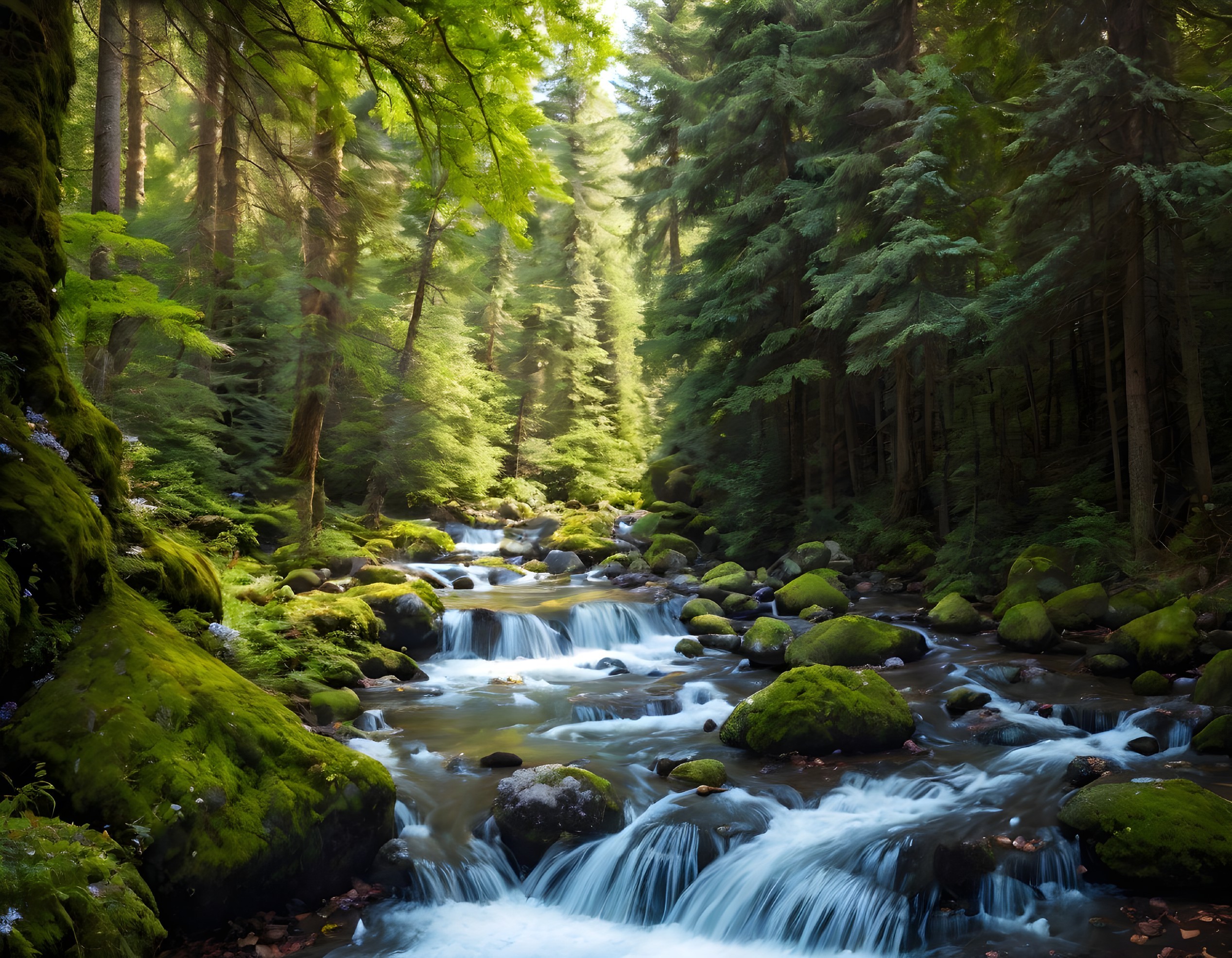 Tranquil forest stream with moss-covered rocks & sunbeams