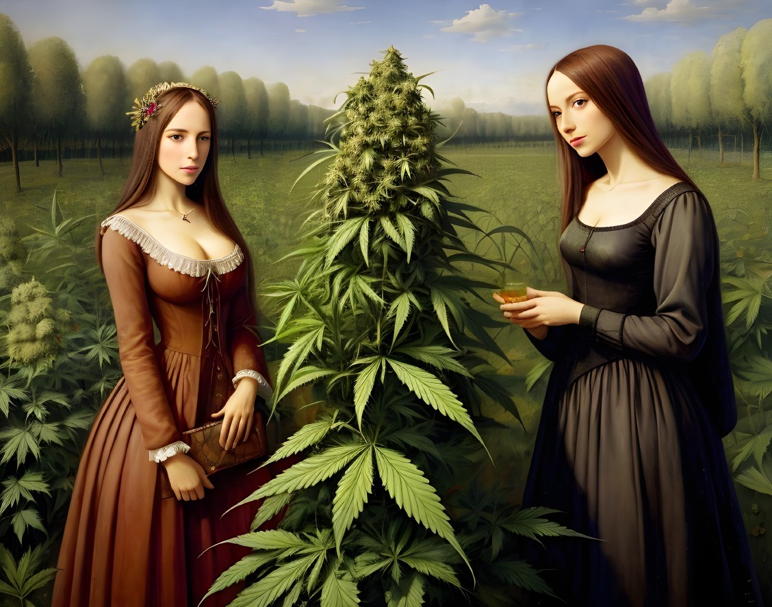 Elegantly Dressed Women in a Cannabis Field