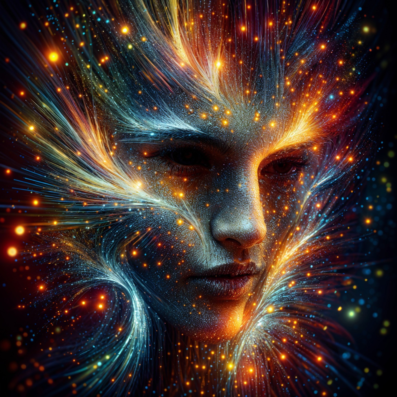 Portrait of a face with cosmic energy and vibrant patterns