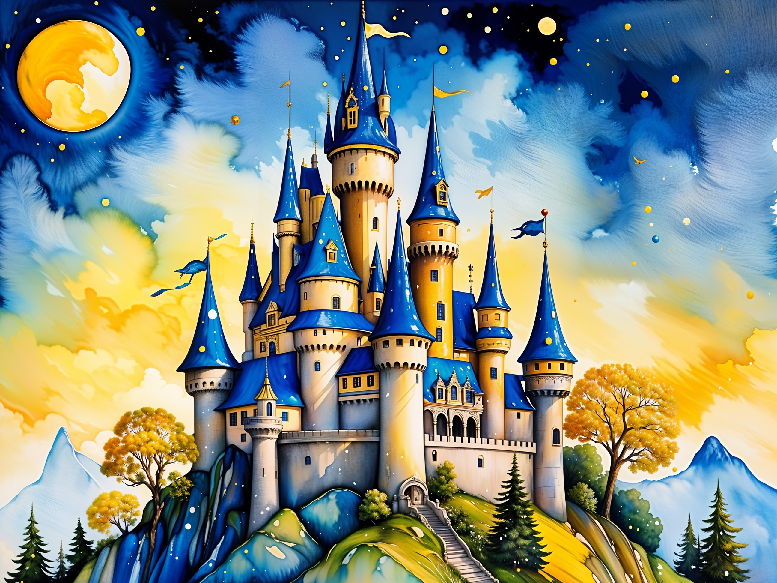 Whimsical Castle on Rocky Hill with Vibrant Sky