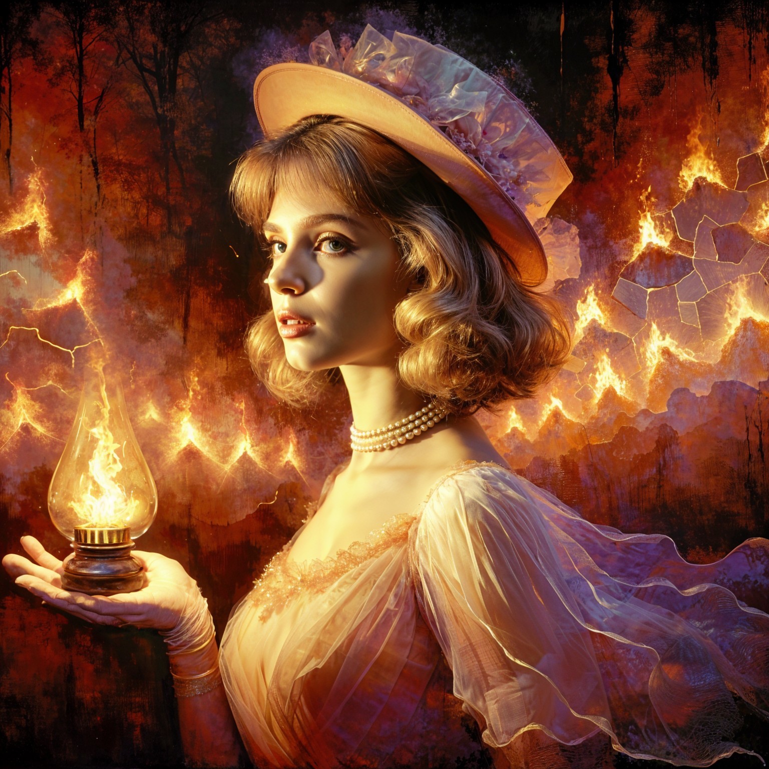 Young Woman in Vintage Attire with Lantern and Flames