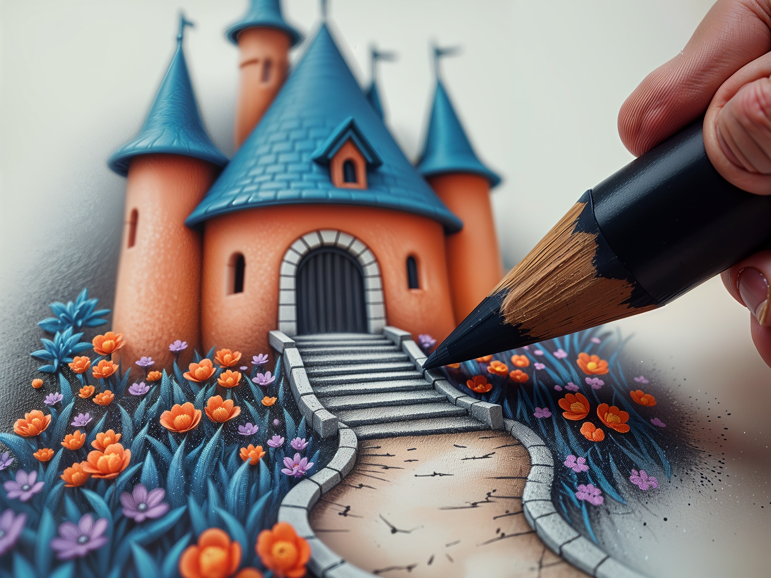 Whimsical Castle with Orange Brick and Blue Turrets