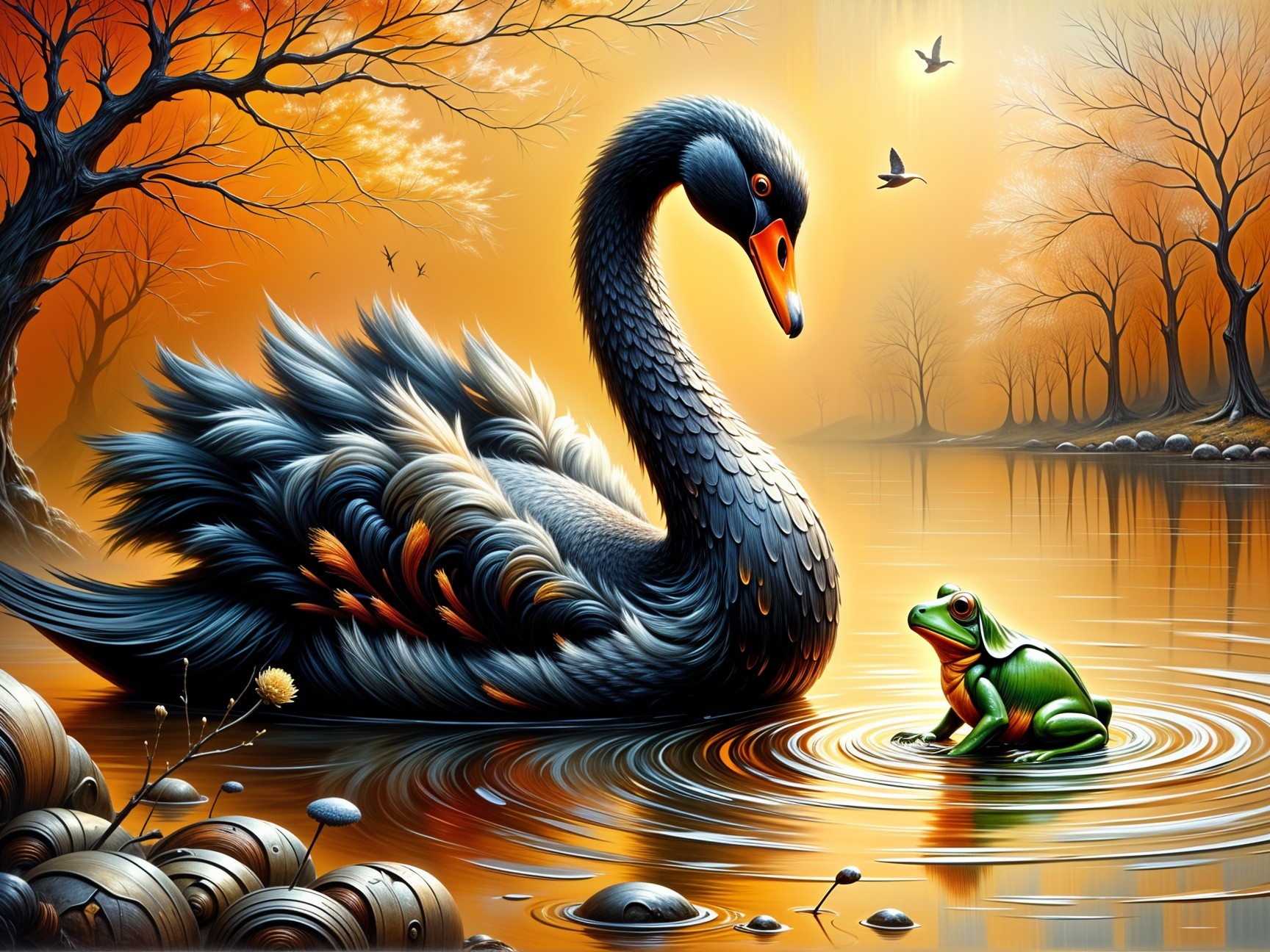 Autumn Scene with Black Swan and Green Frog