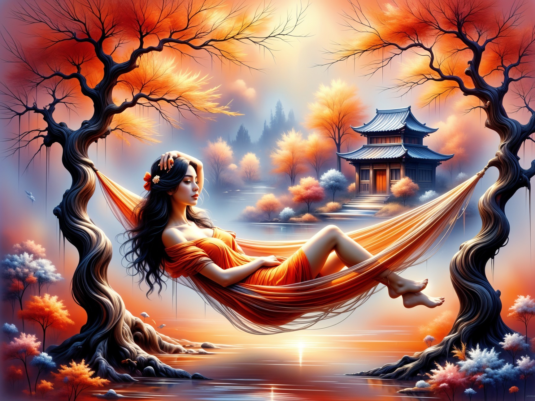 Woman in Orange Dress Relaxing in Autumn Landscape