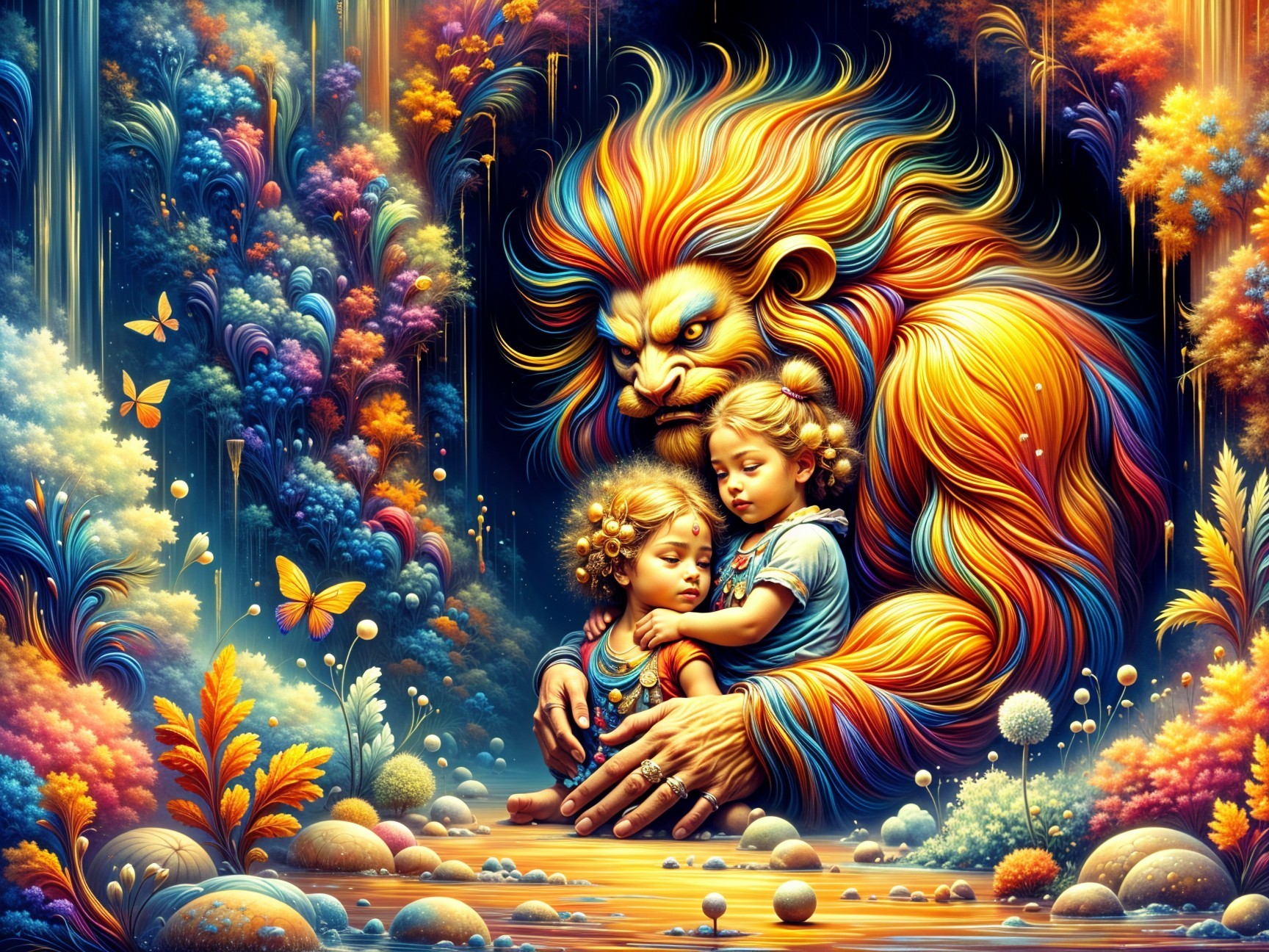 Colorful Creature and Children in Surreal Landscape