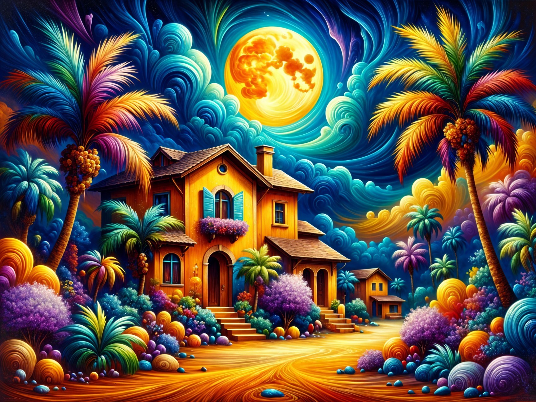 Vibrant Dreamlike Landscape with Yellow House and Moon