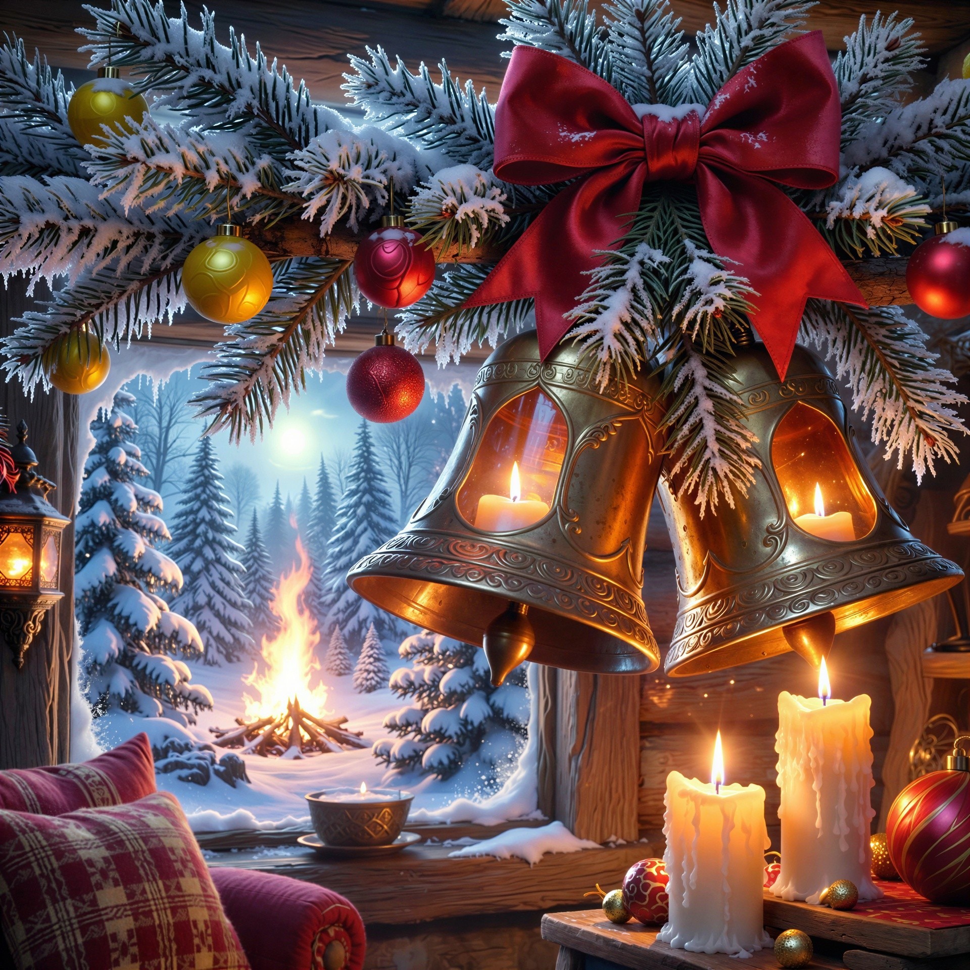 Close-Up of Christmas Window Decorations with Landscape