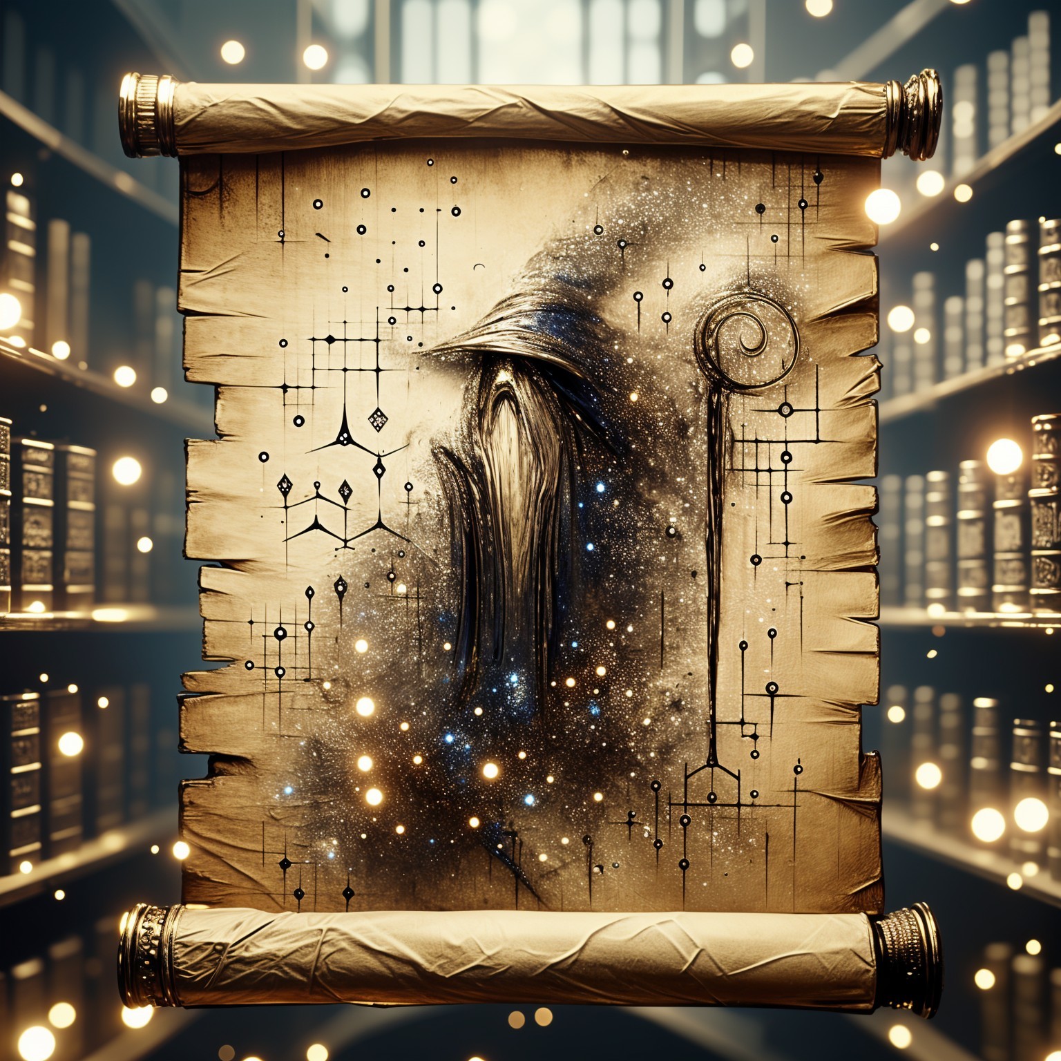 Ancient scroll with wizard in a mystical library setting