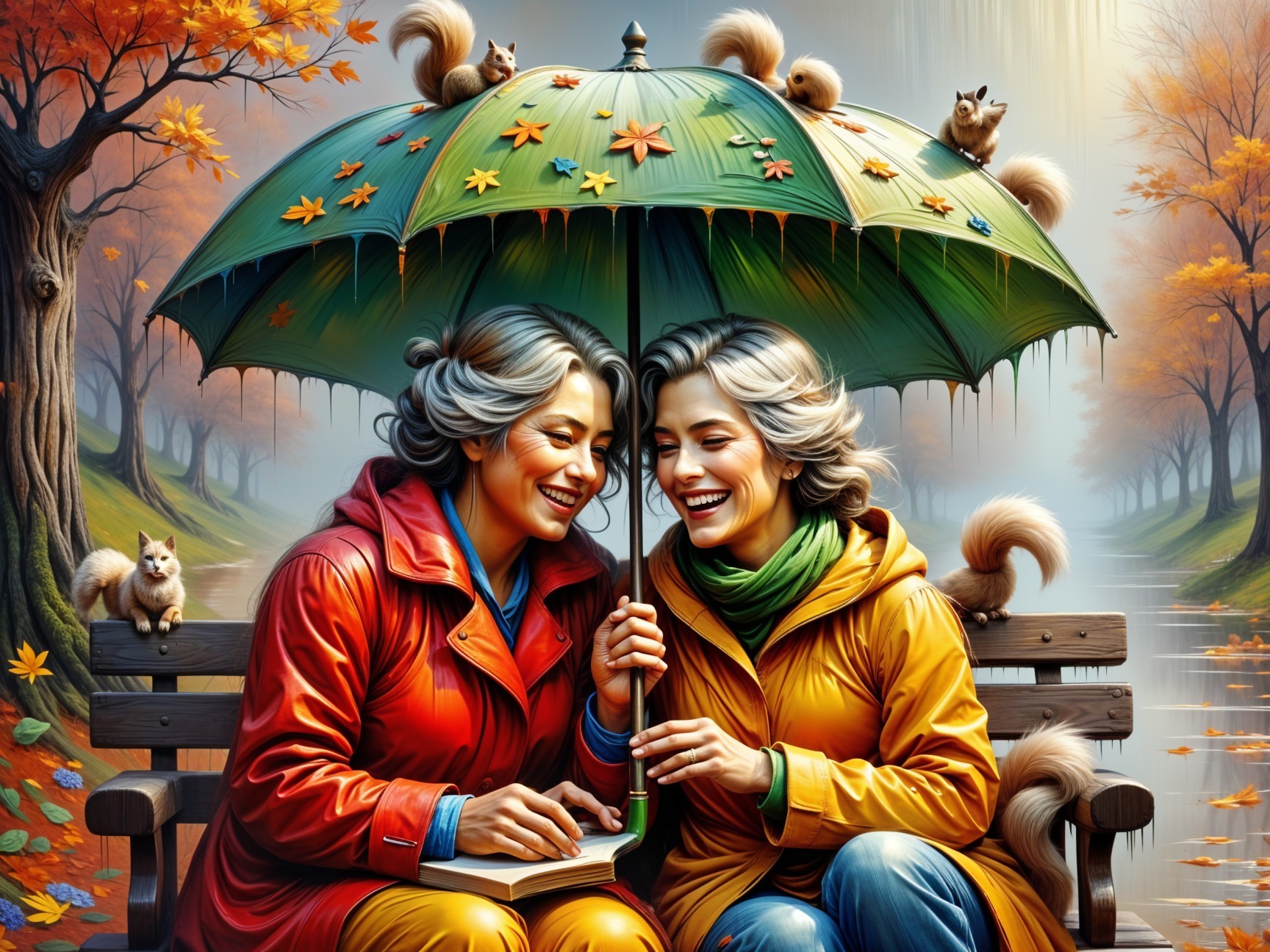Women on a park bench under an autumn umbrella