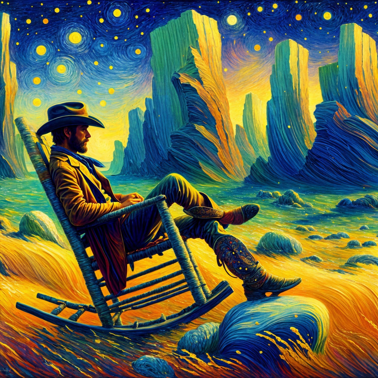 Lone Cowboy by Vibrant River with Surreal Landscape