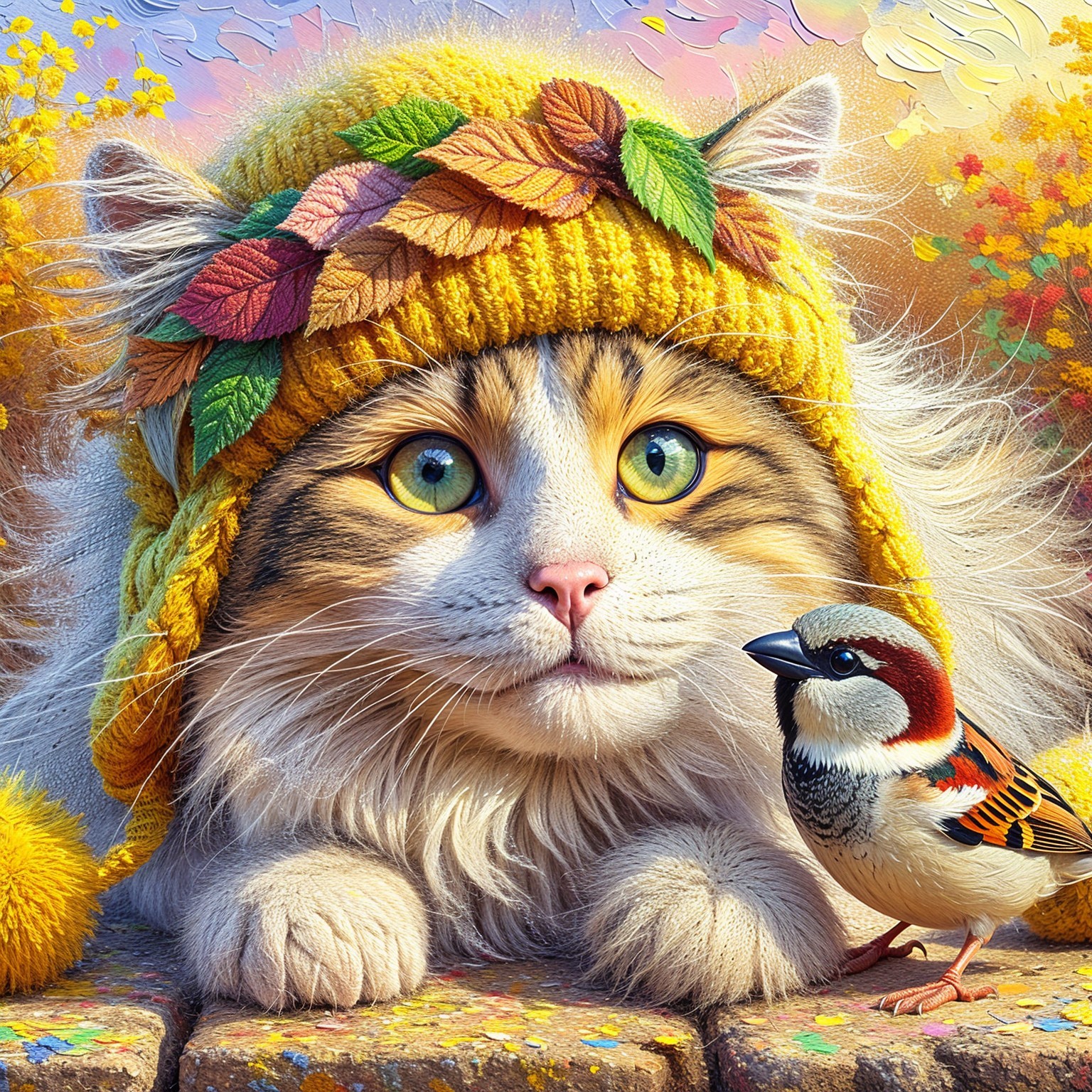 Fluffy Cat with Yellow Hat and Sparrow in Autumn Foliage