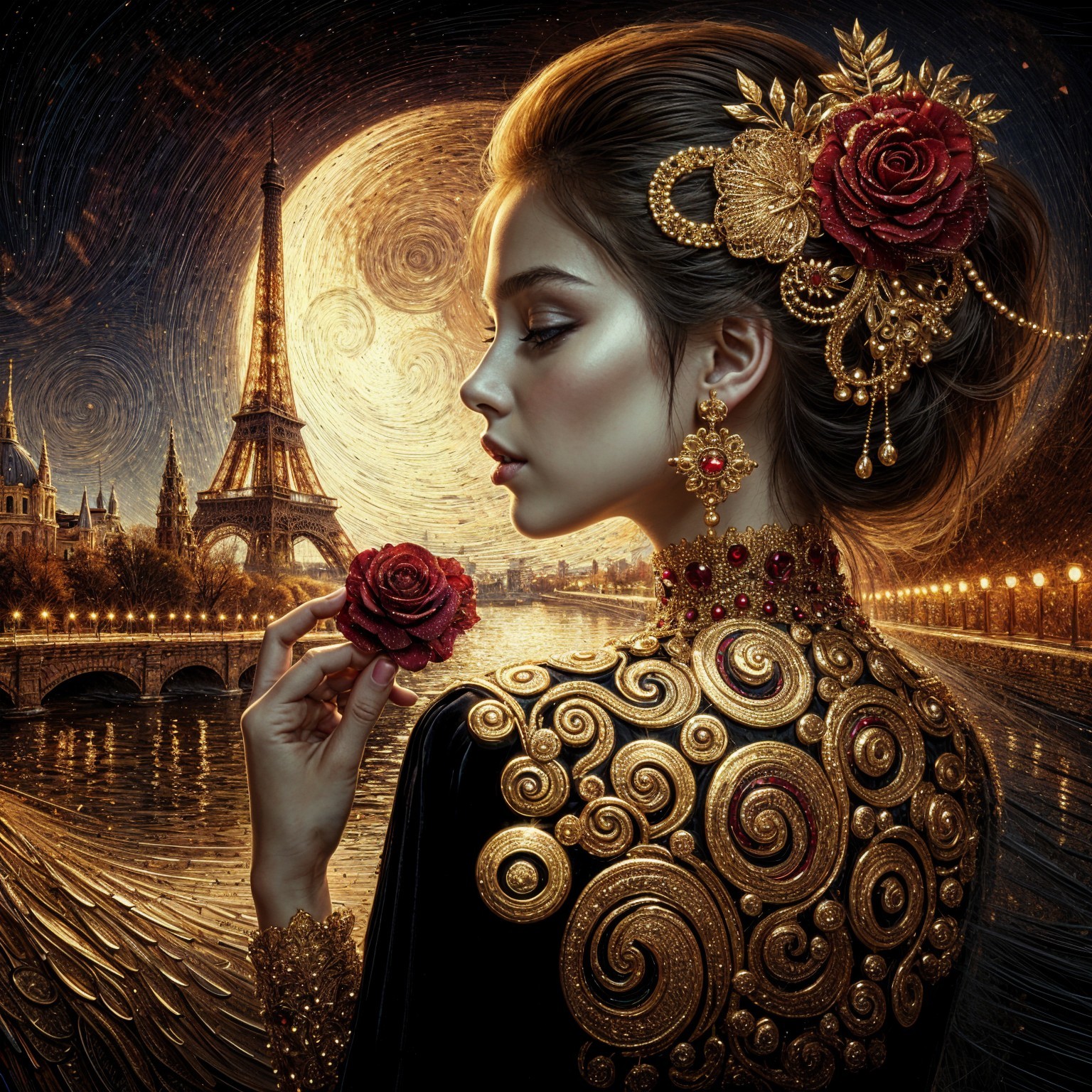 Woman in Golden Embroidery with Eiffel Tower Background