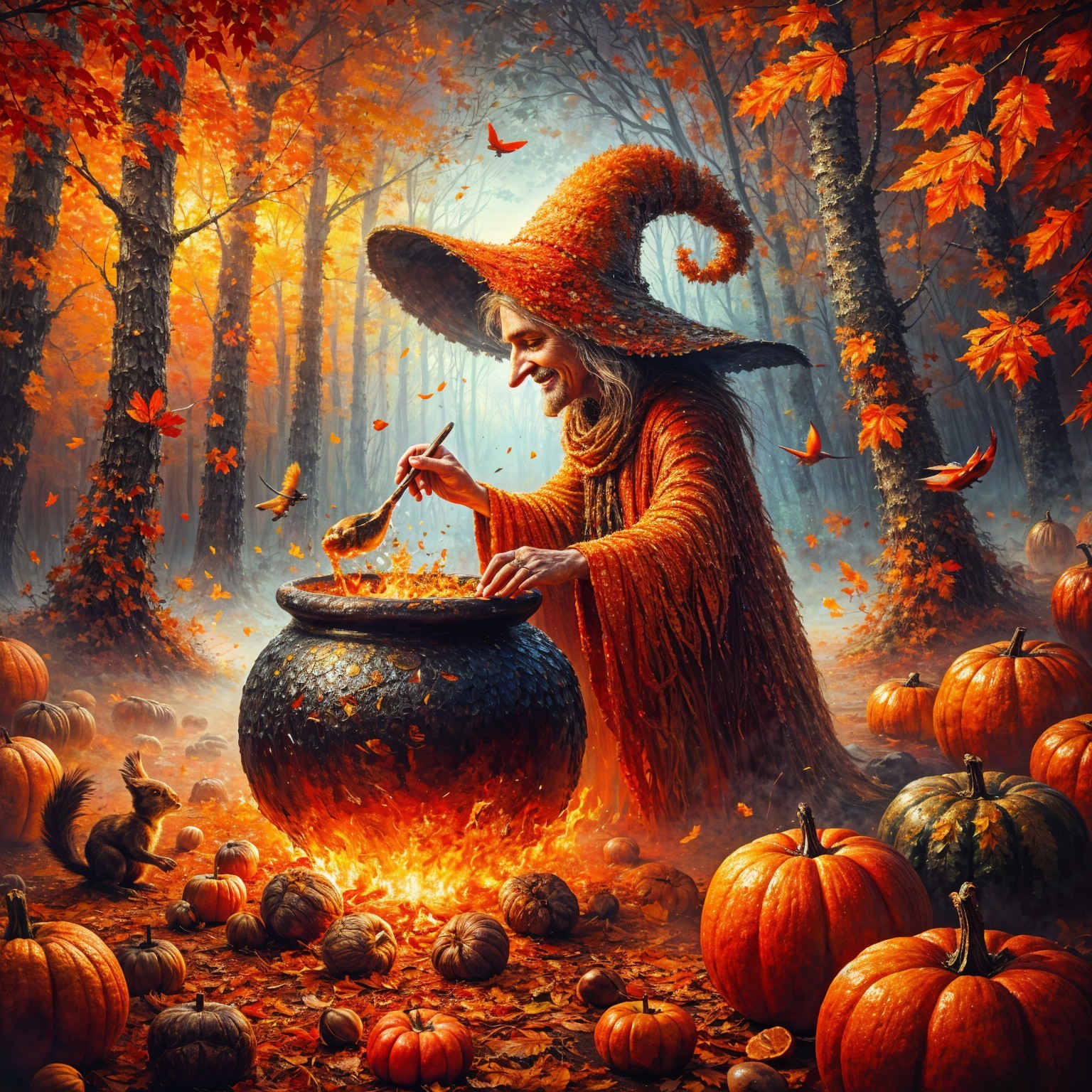 Whimsical Witch in Autumn Forest with Cauldron