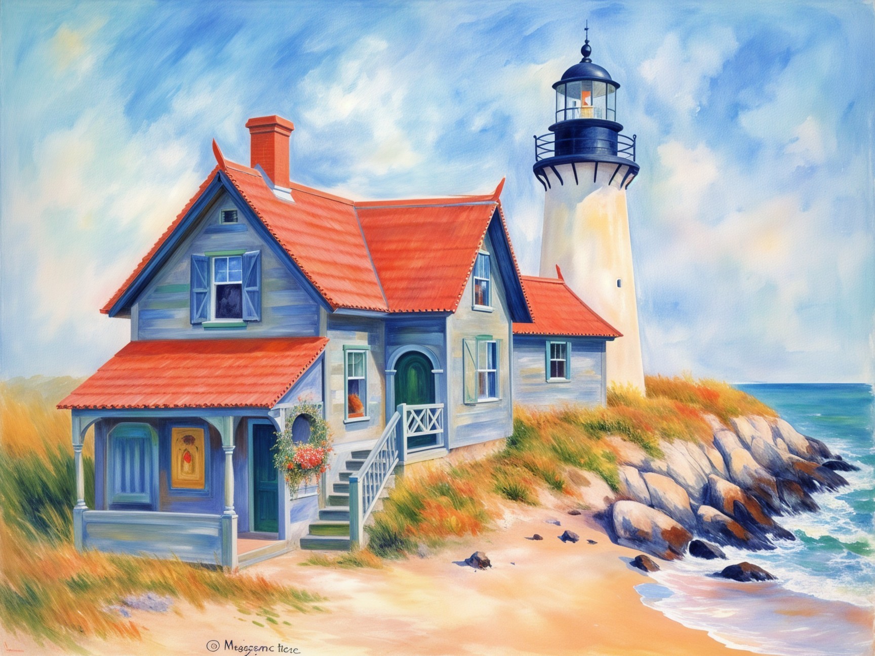 Coastal Scene with Blue House and Classic Lighthouse