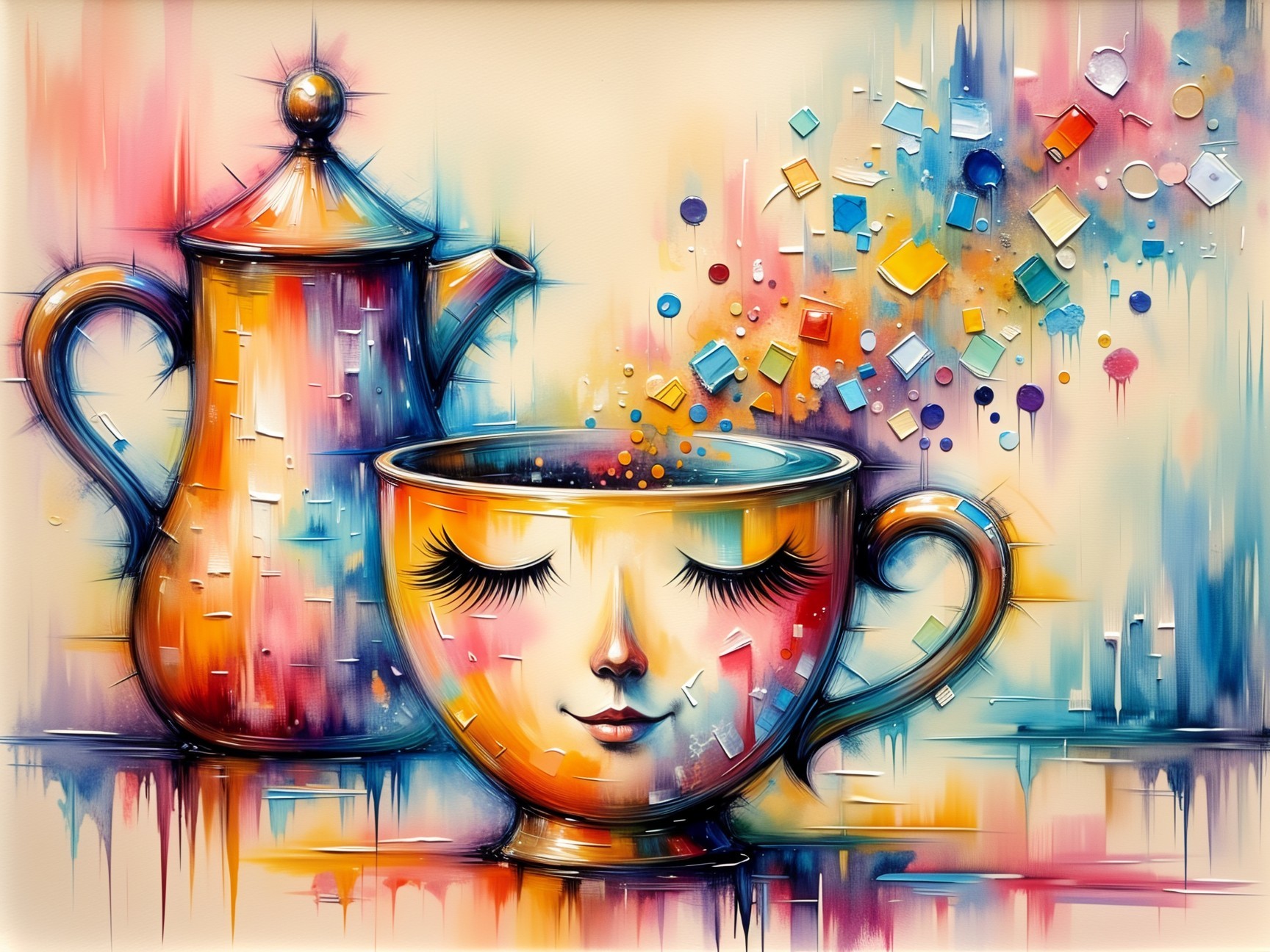Artistic Teapot and Cup with Colorful Abstraction