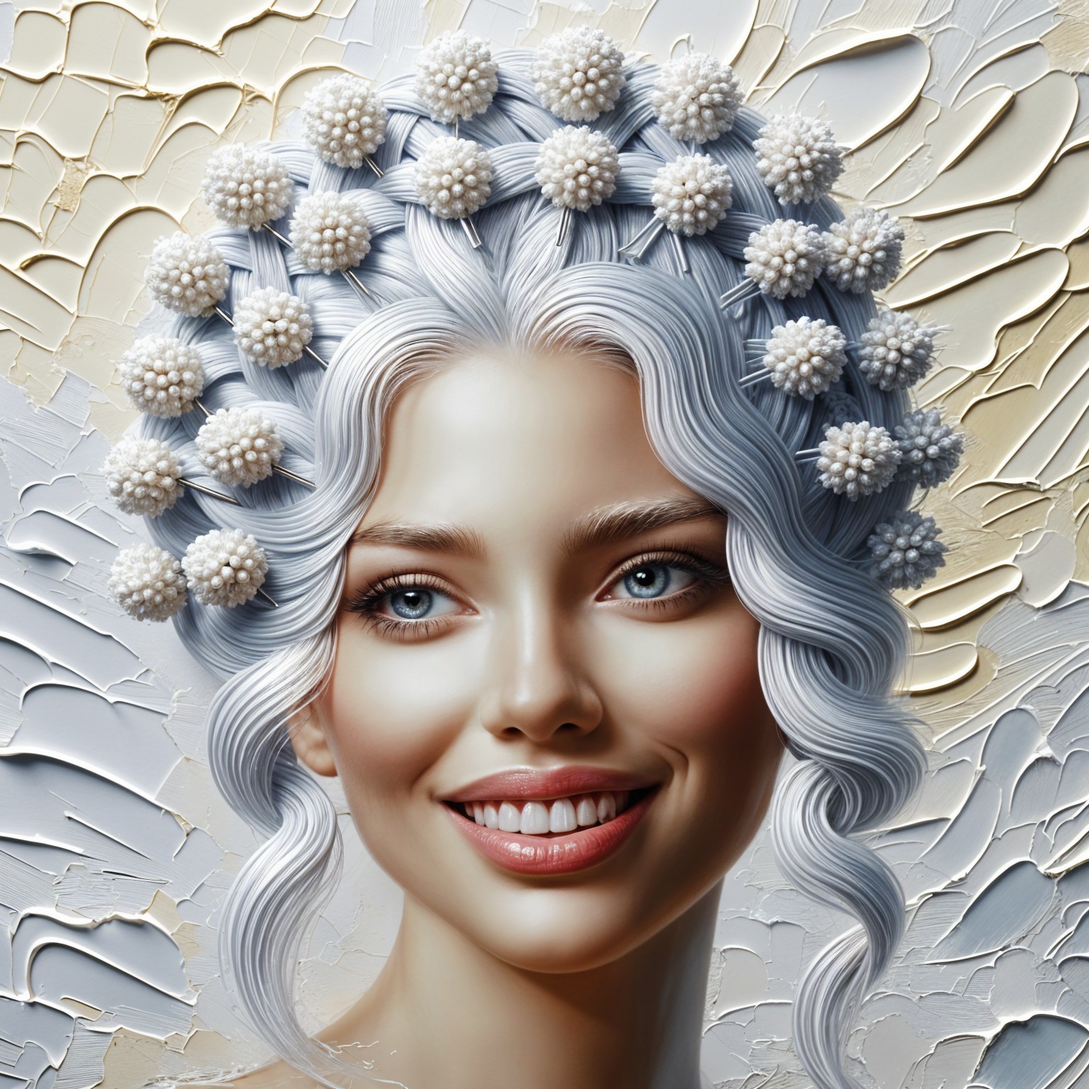 Portrait of a woman with icy blue hair and pearls