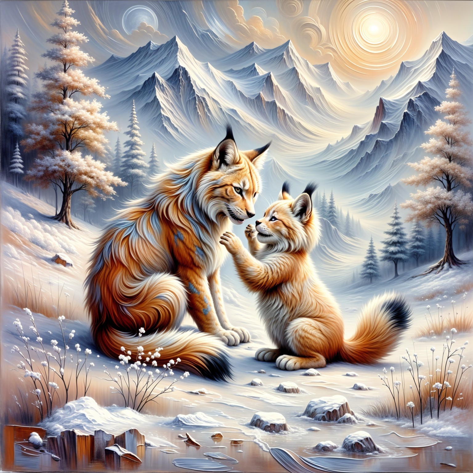 Fox and Cub in Serene Winter Landscape with Mountains