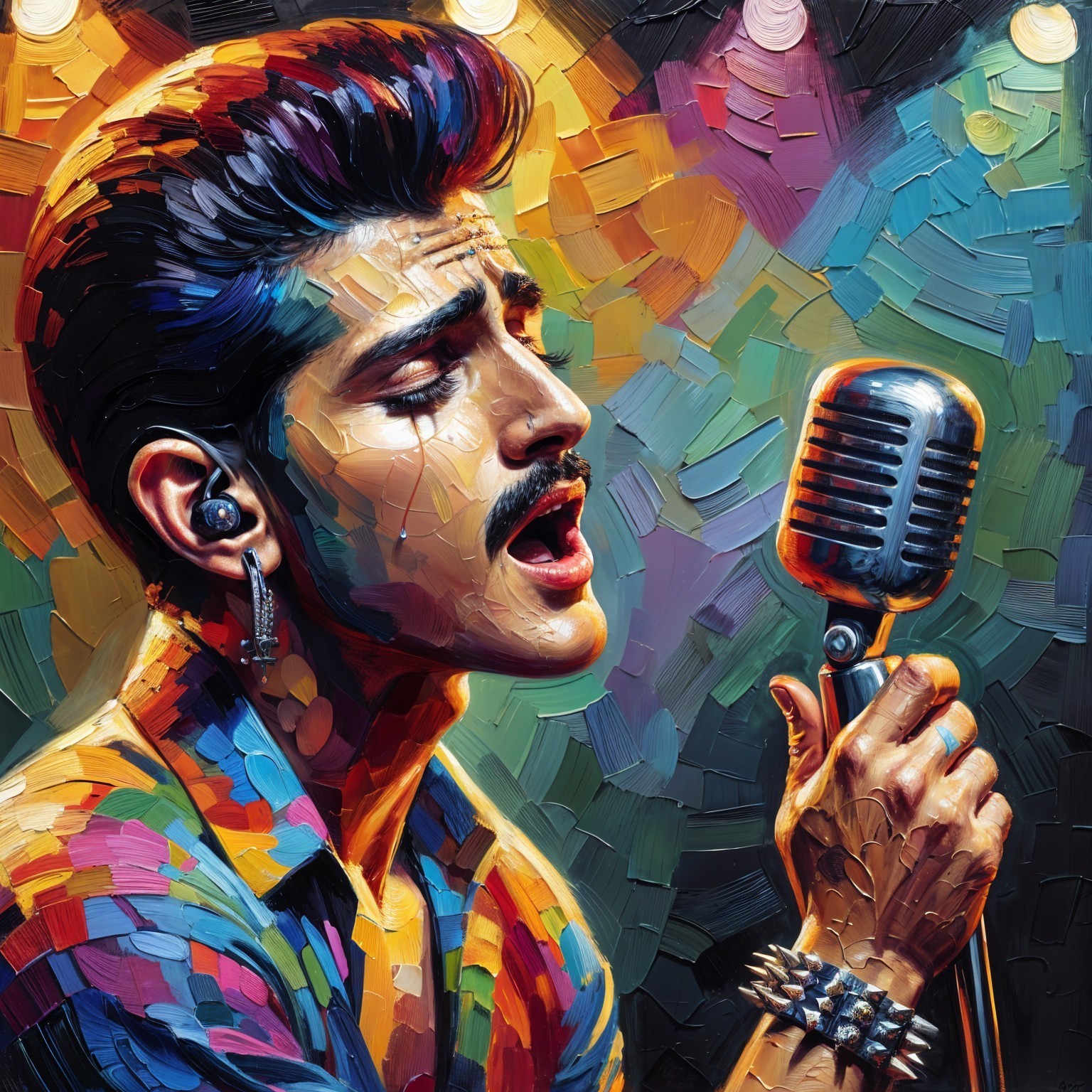 Passionate Singer with Vintage Microphone in Colorful Scene
