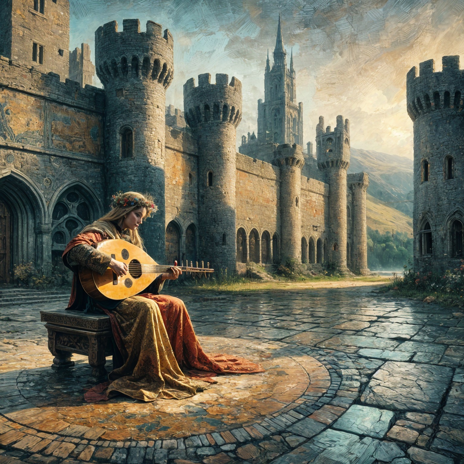 Medieval Musician in Ornate Gown Amidst Castle Walls