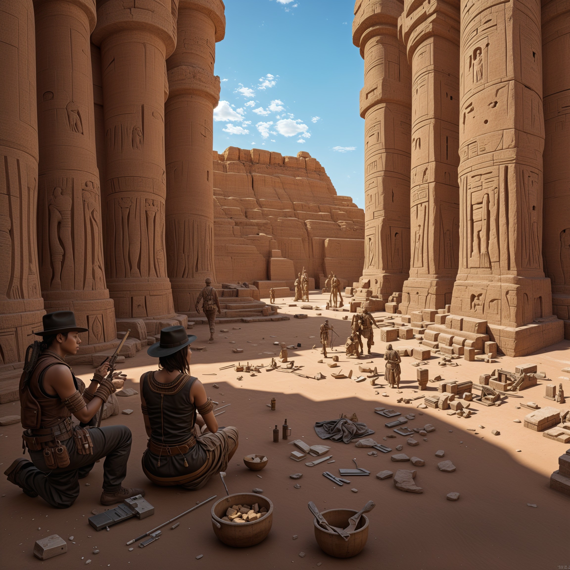 Explorers in Ancient Temple Surrounded by Hieroglyphs