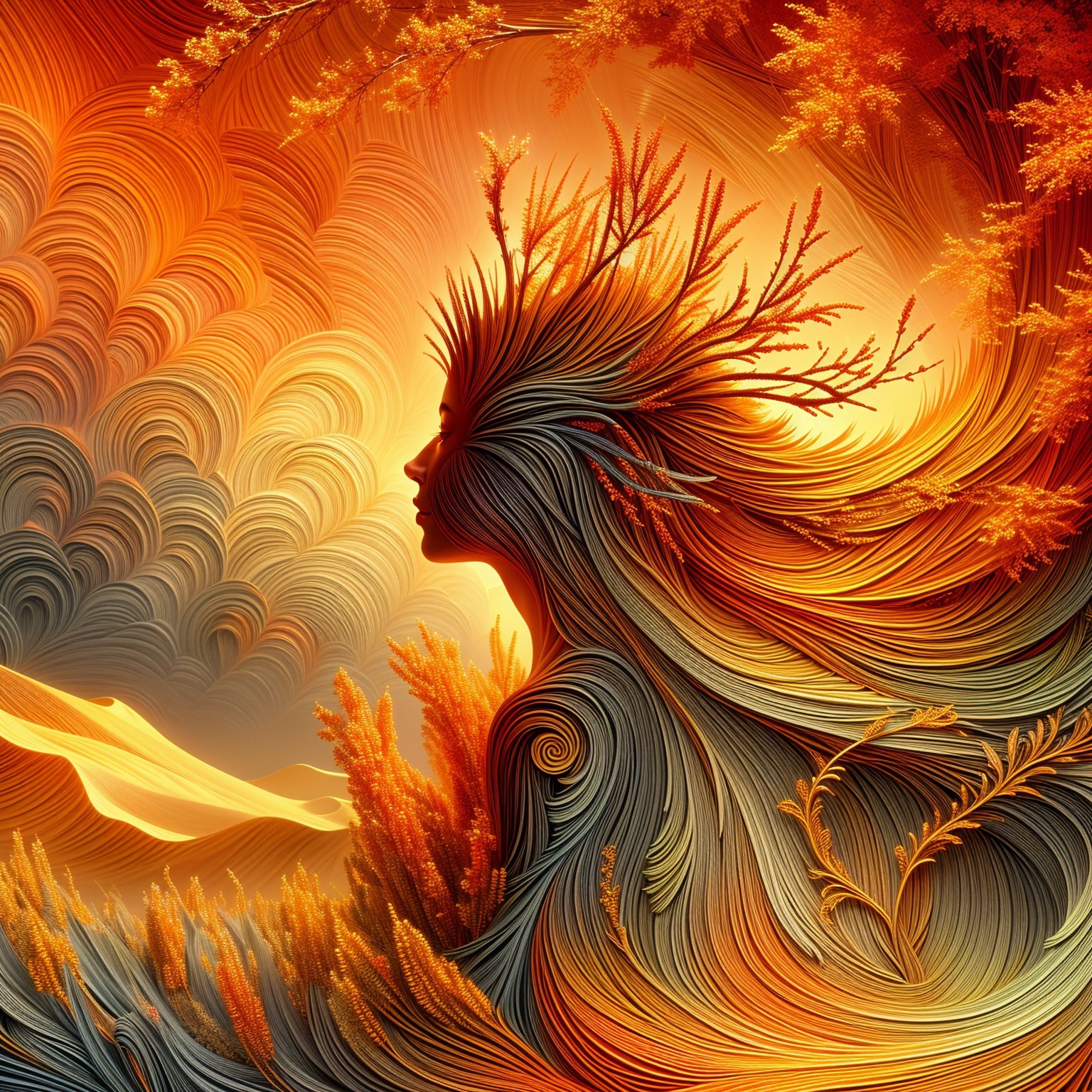 Silhouette of a Woman with Flowing Lines and Patterns