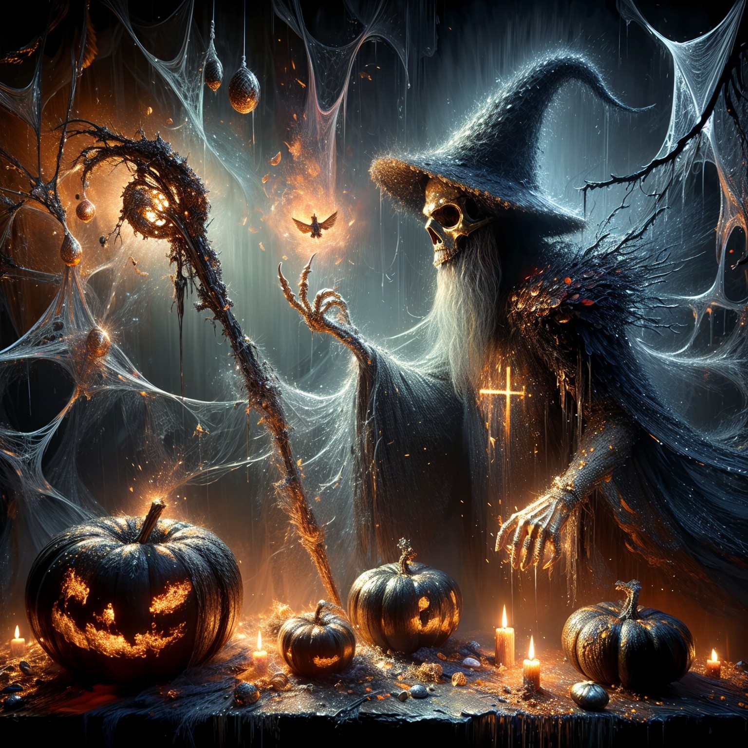 Cloaked Figure in Eerie, Shadowy Setting with Pumpkins
