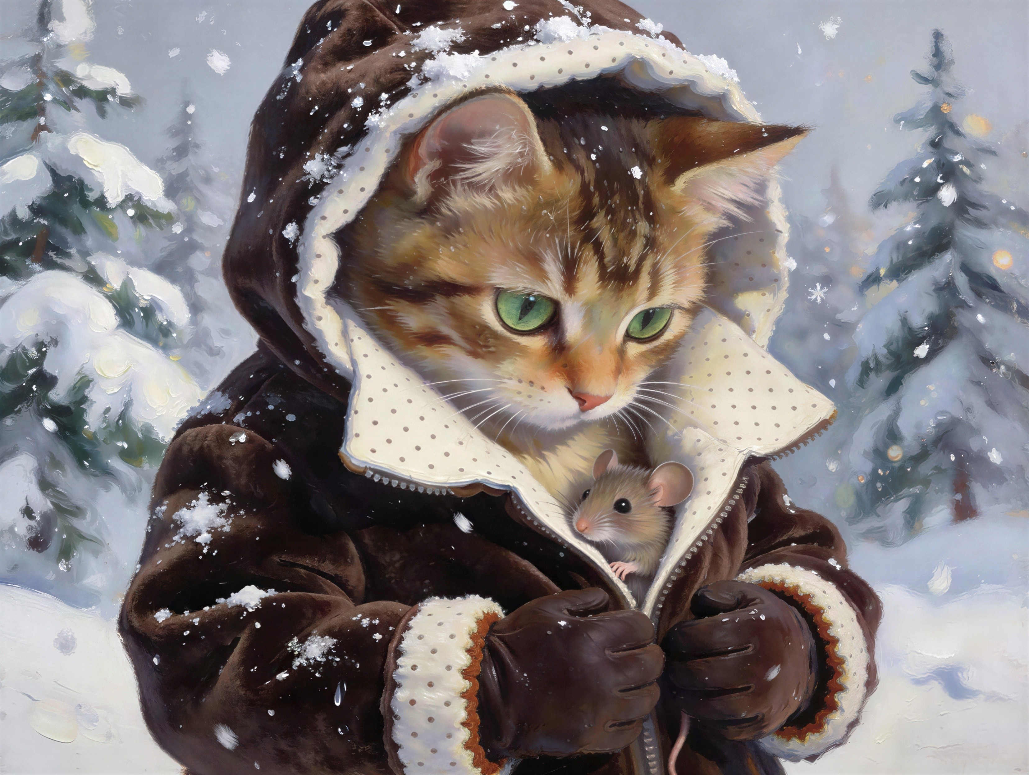 Tabby Cat in Winter Coat with Mouse in Snowy Landscape