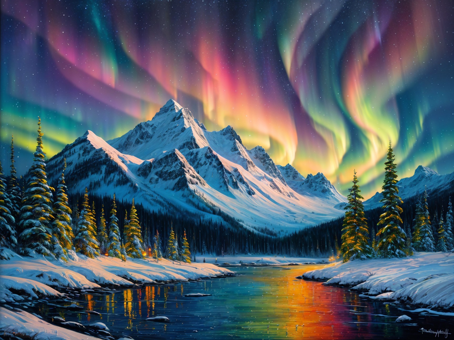 Majestic Winter Landscape with Northern Lights Display