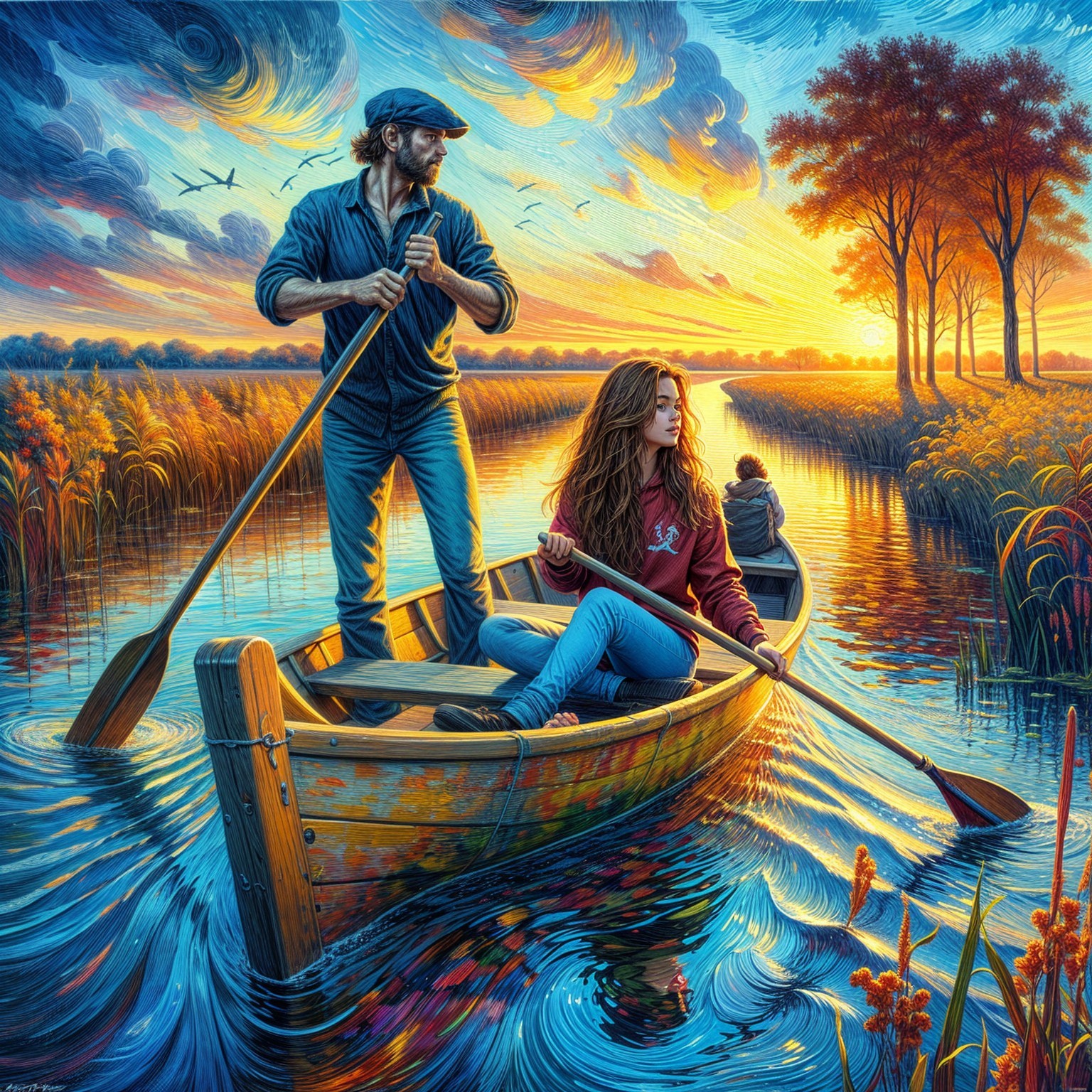 Serene Sunset with Boat and Figures in Tranquil Waters