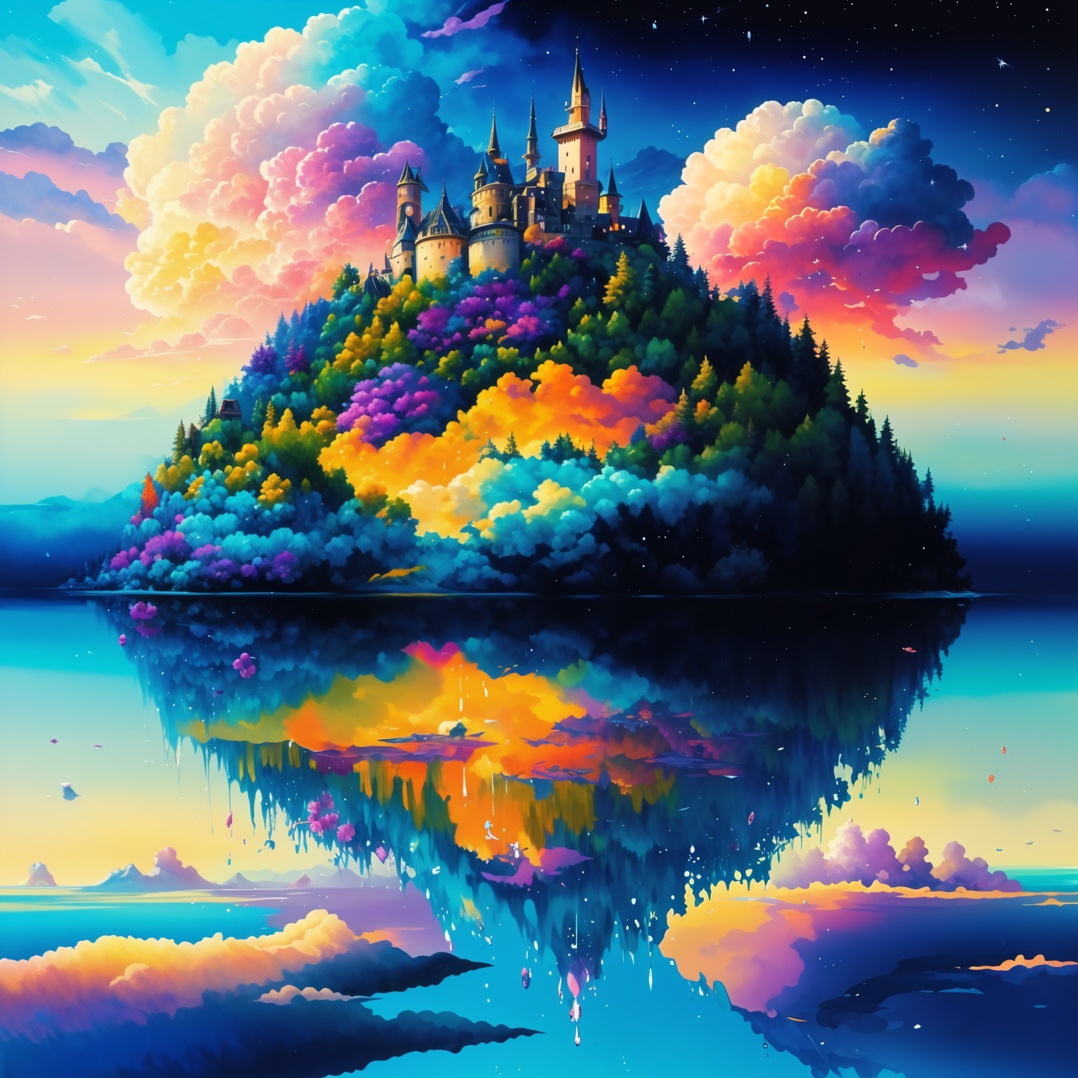 Vibrant Fantastical Landscape with Majestic Castle