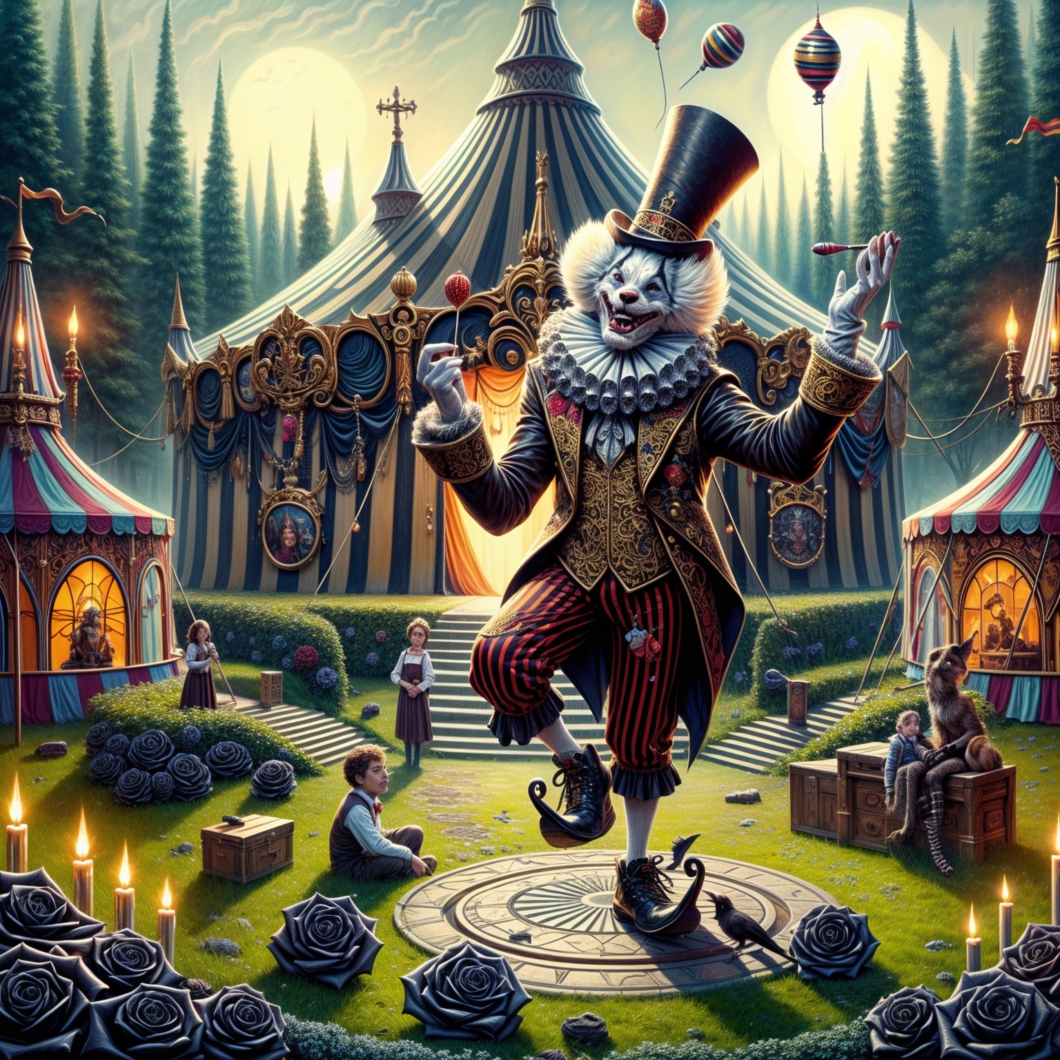 Regal clown juggling in whimsical circus setting