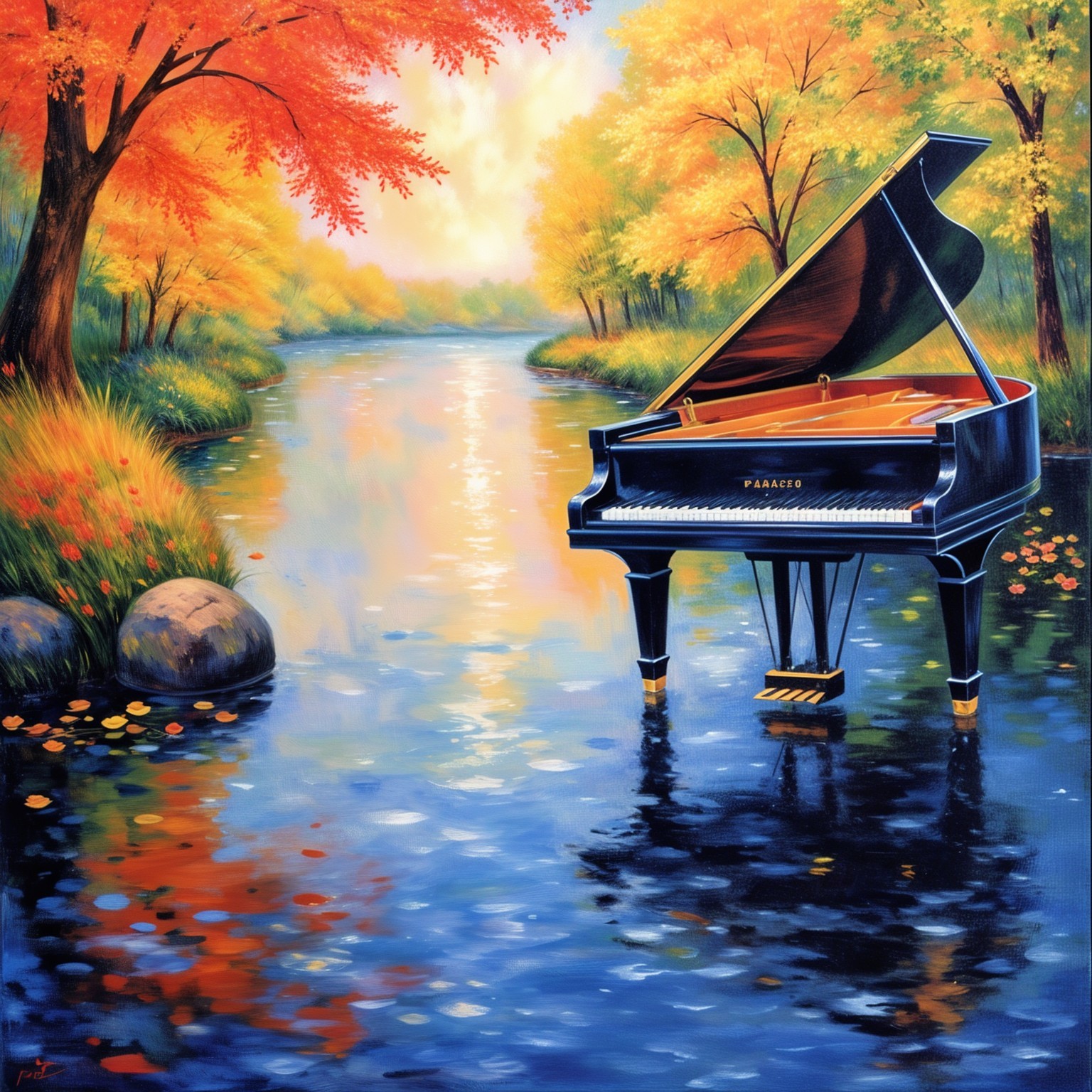 Black Grand Piano in Vibrant Autumn Landscape