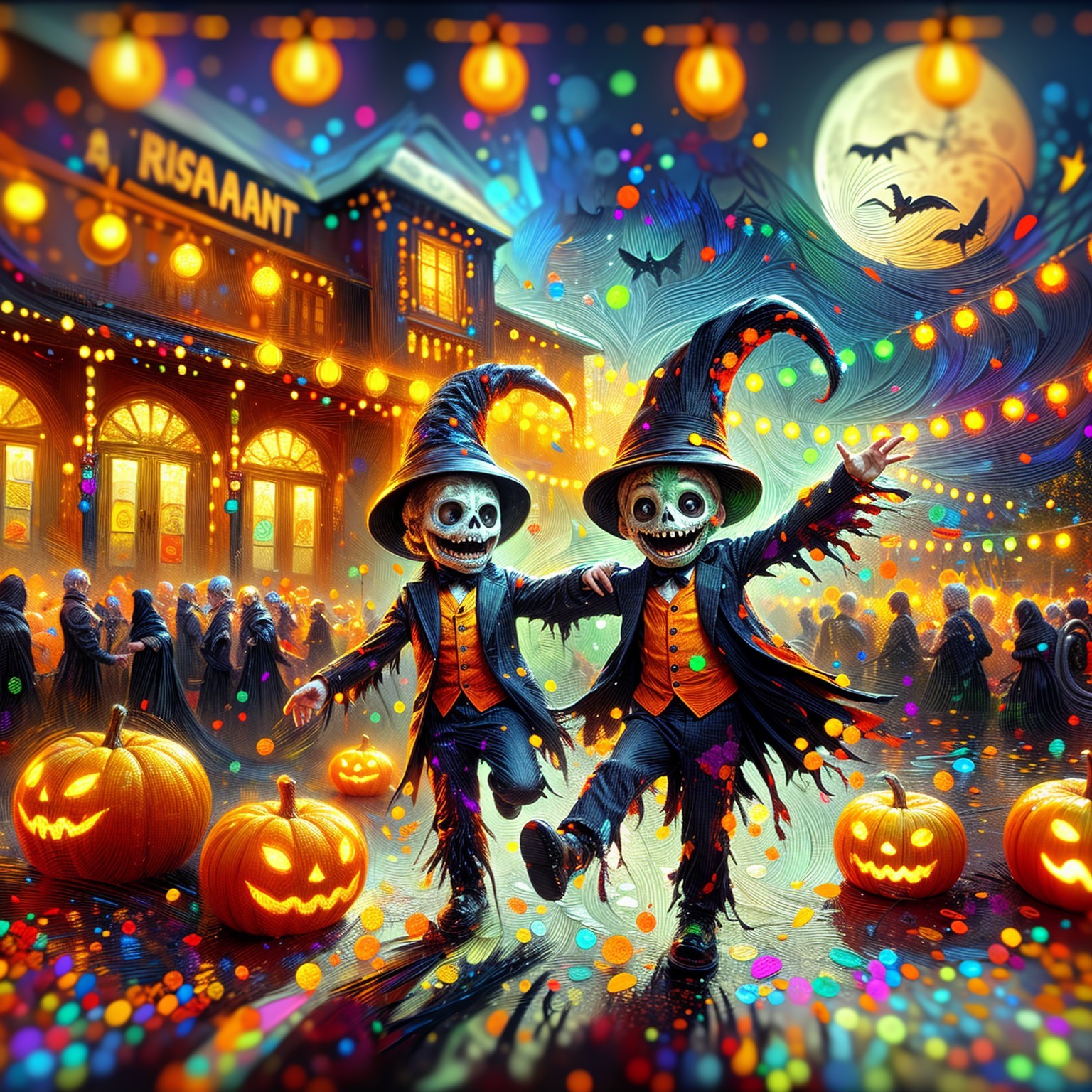 Vibrant Halloween Celebration with Dancing Skeletons