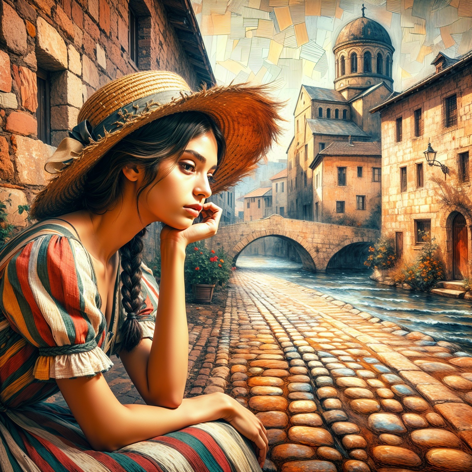 Young Woman Contemplates by Serene Canal at Sunset