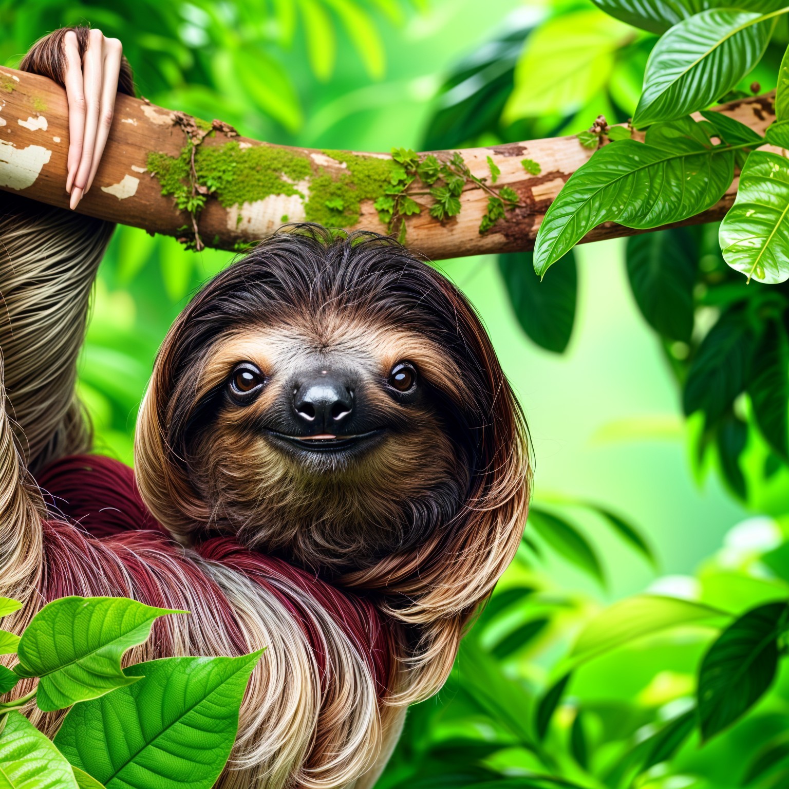 Whimsical Sloth Hanging in Lush Jungle Foliage