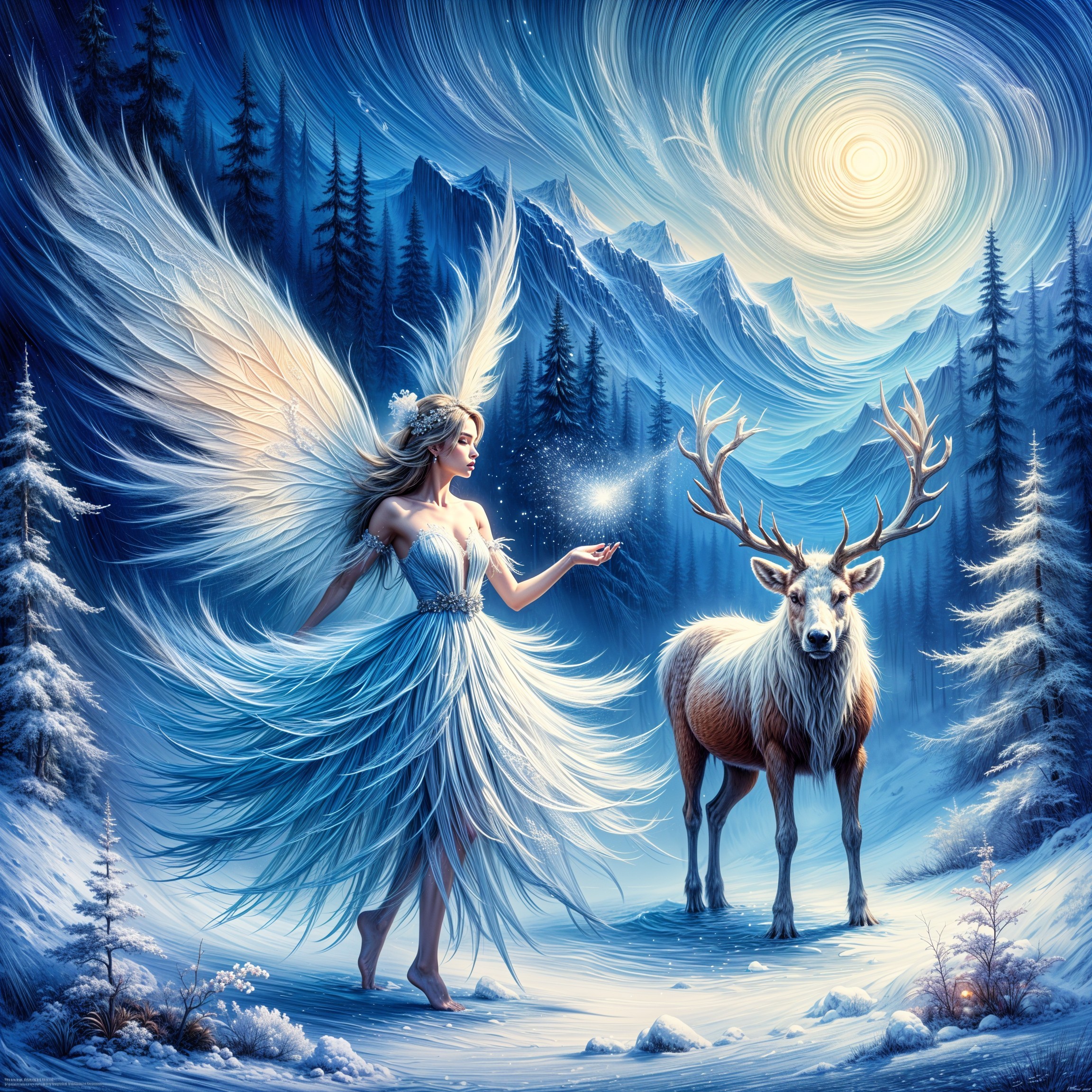 Fairy and Reindeer in Enchanted Winter Landscape