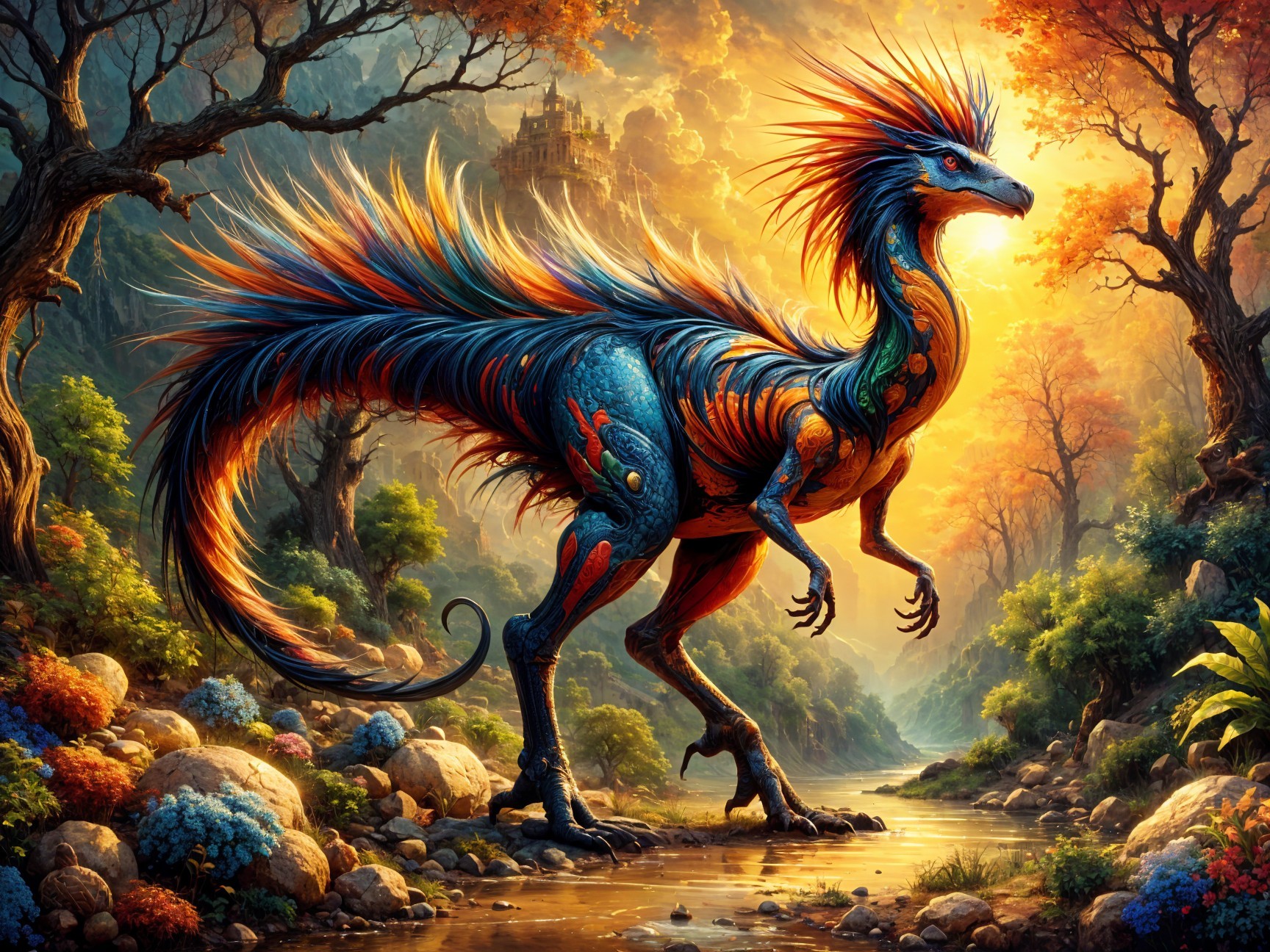 Colorful Dinosaur-like Creature by Shimmering River