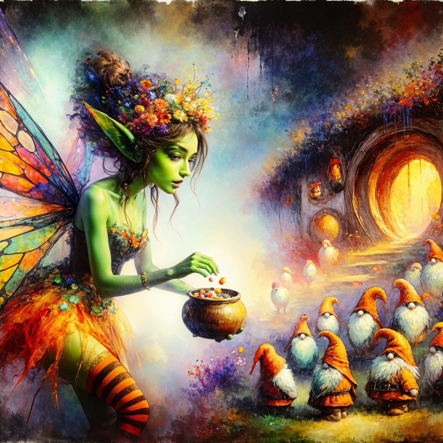 Whimsical Fairy Scene with Gnomes and Magical Tunnel